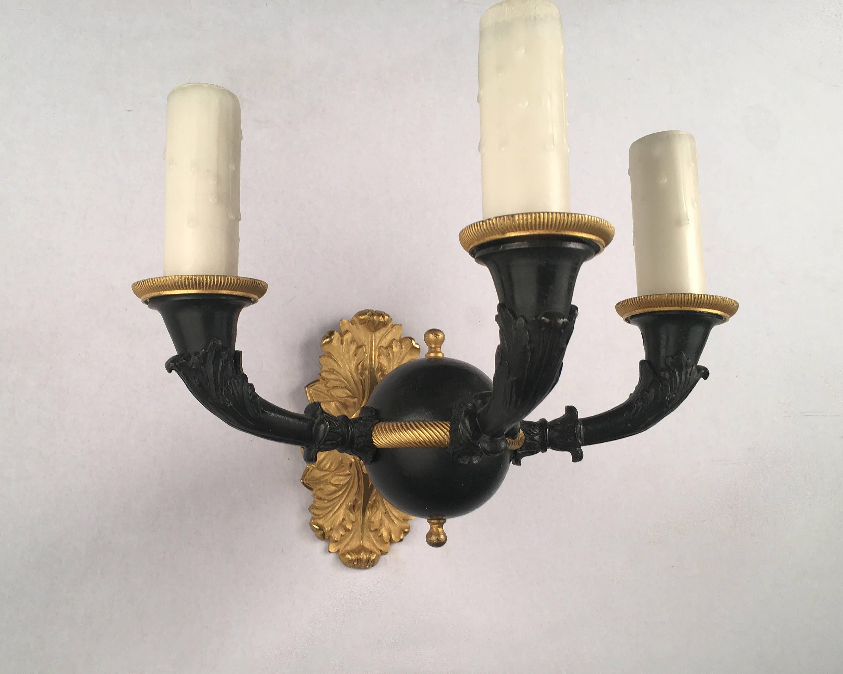 French Set of Four Empire Style Three-Light Wall Sconces, Gilt and Patinated