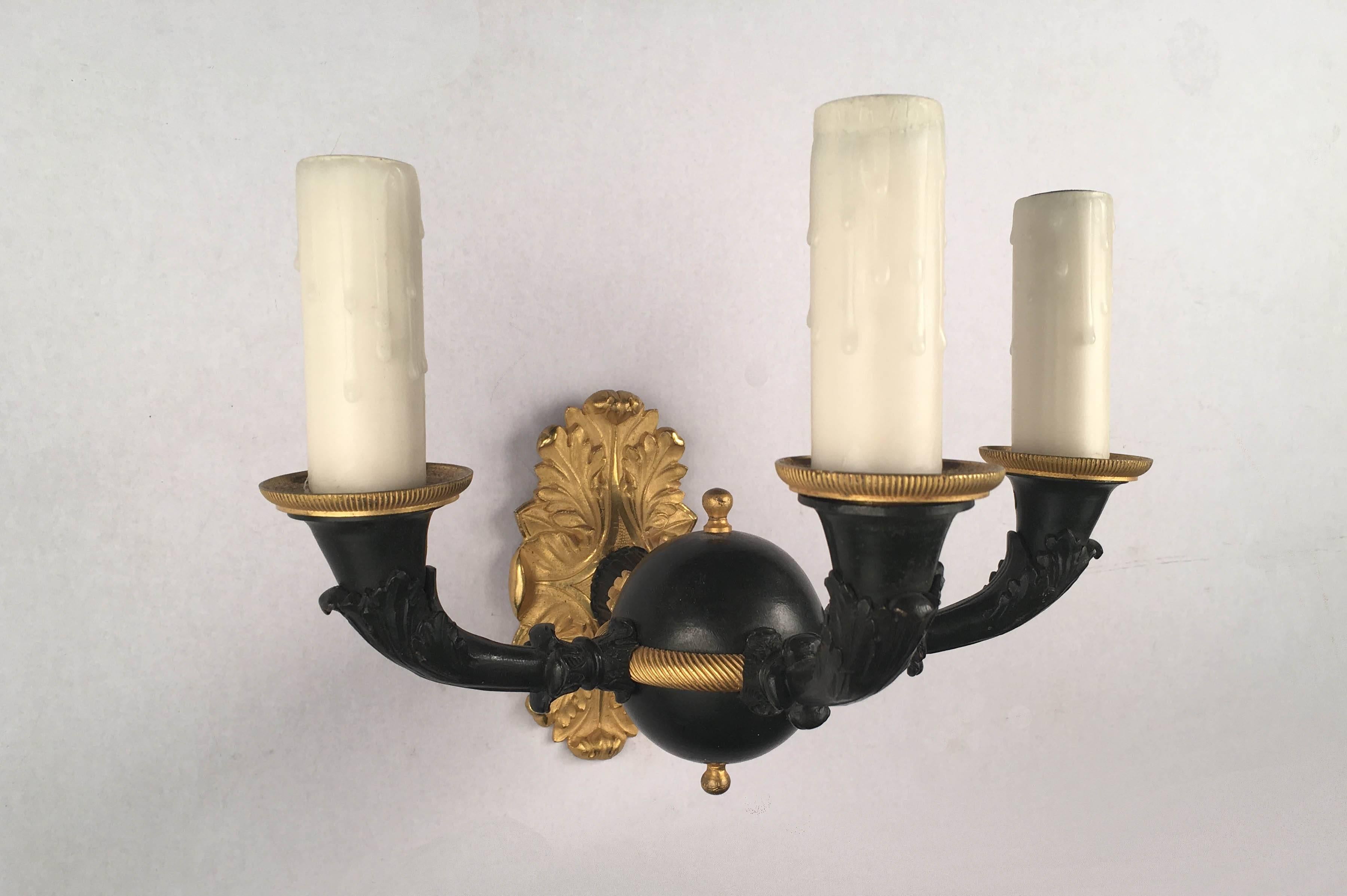 Blackened Set of Four Empire Style Three-Light Wall Sconces, Gilt and Patinated