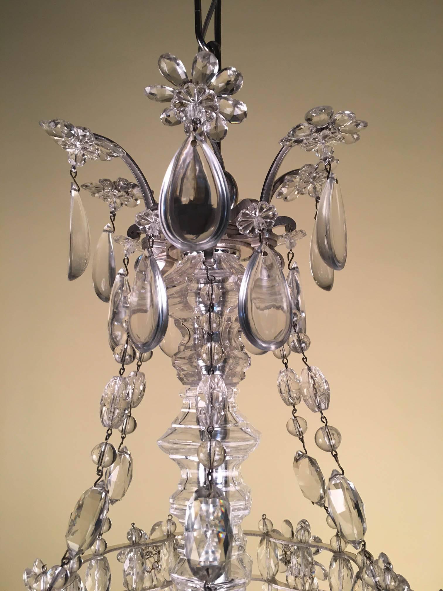 Faceted French Silvered Bronze and Cut Crystal Twelve-Light Chandelier For Sale