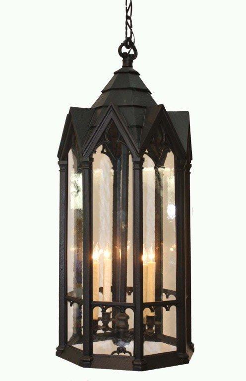 Neo-Gothic cast metal black octagonal four light enamelled lantern.