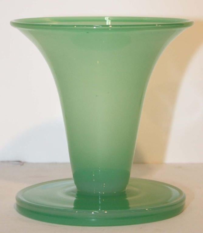 Steuben jade glass trumpet form vases with flared rim. Priced as pair, may be sold separately ($425, $275).