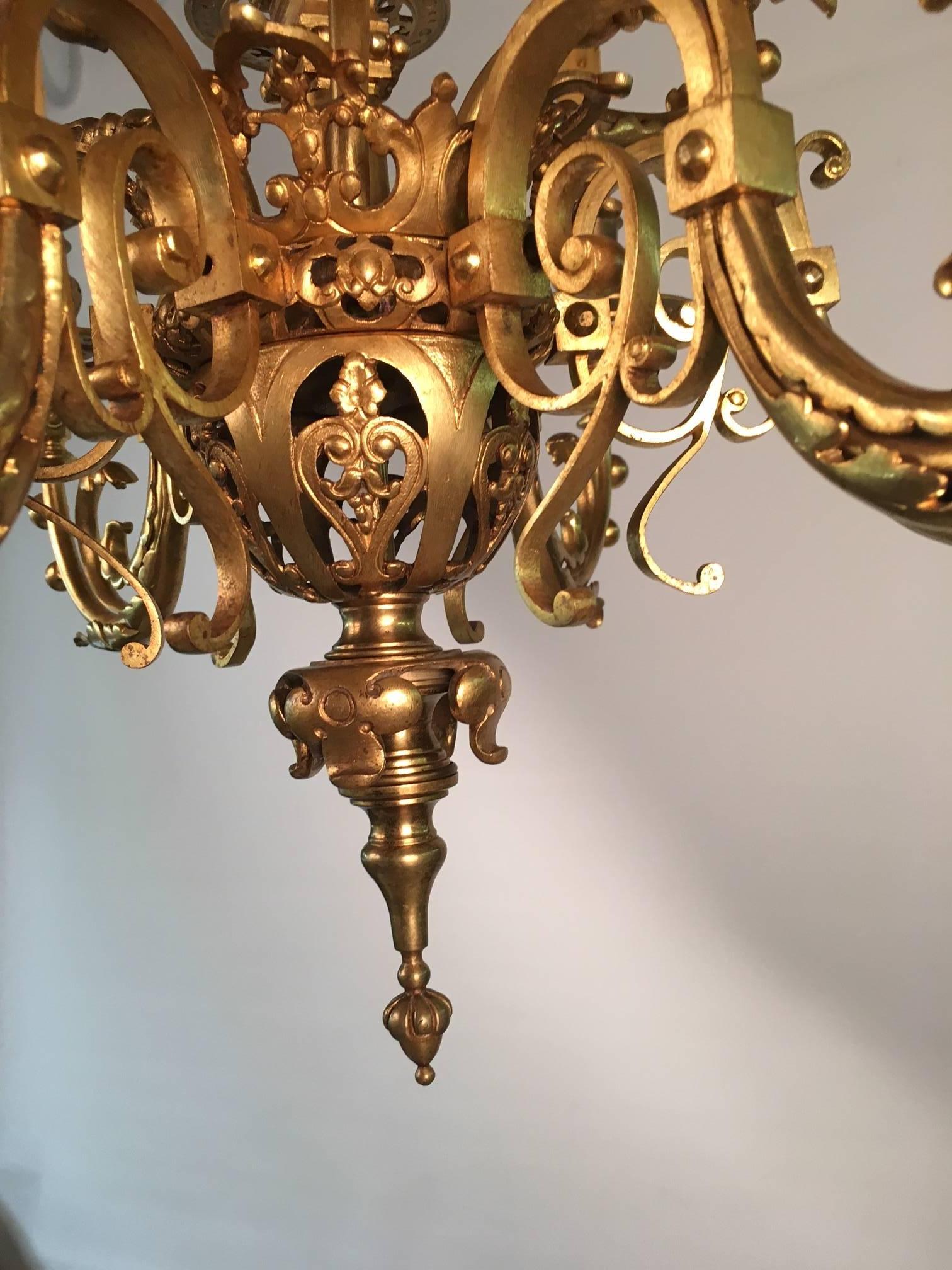 Renaissance Revival Antique Twelve-Light Neo-Renaissance Gilt Bronze Chandelier