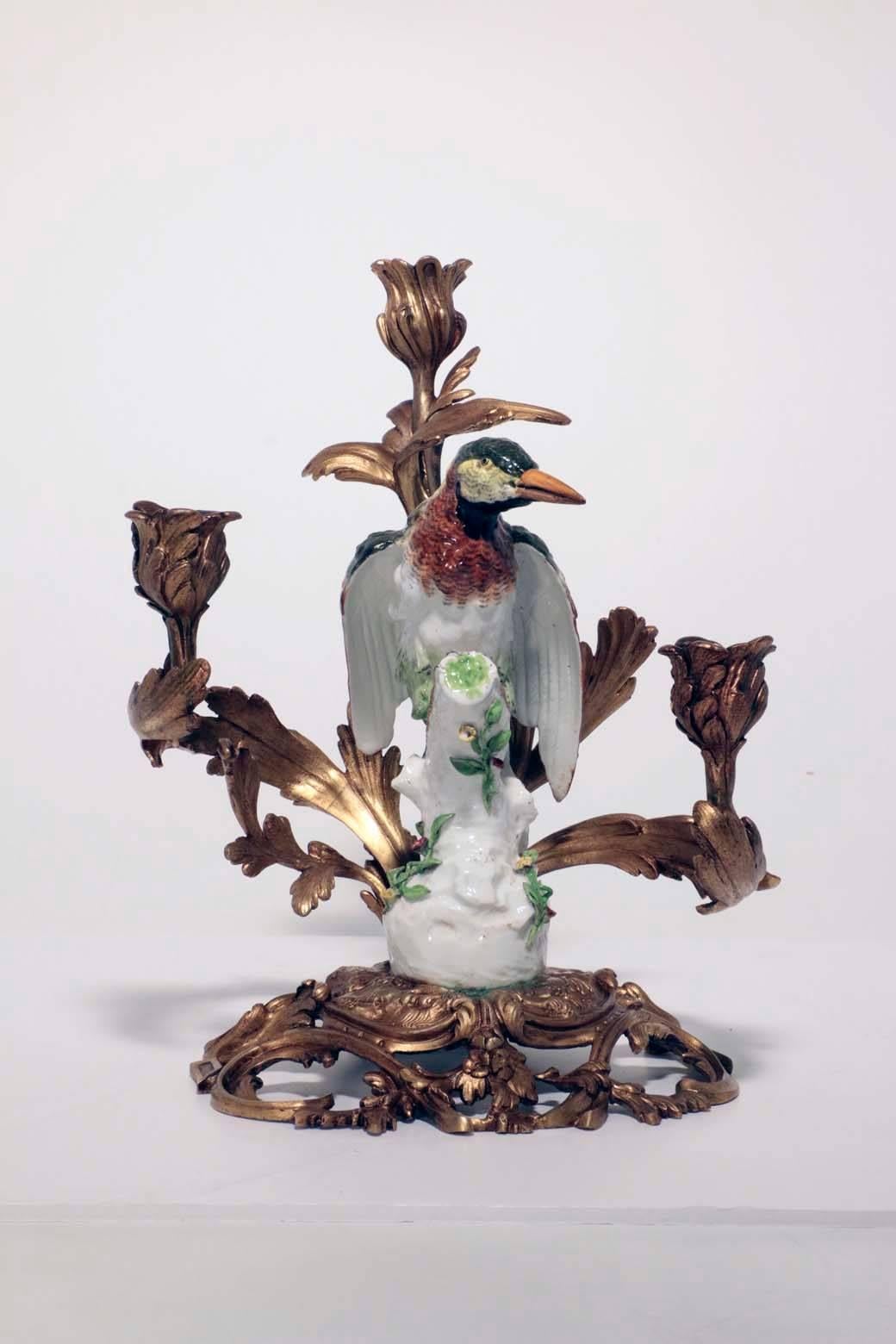 German Pair of Antique Meissen Porcelain Woodpeckers, Now Mounted as Candelabra For Sale