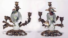 Pair of Antique Meissen Porcelain Woodpeckers, Now Mounted as Candelabra