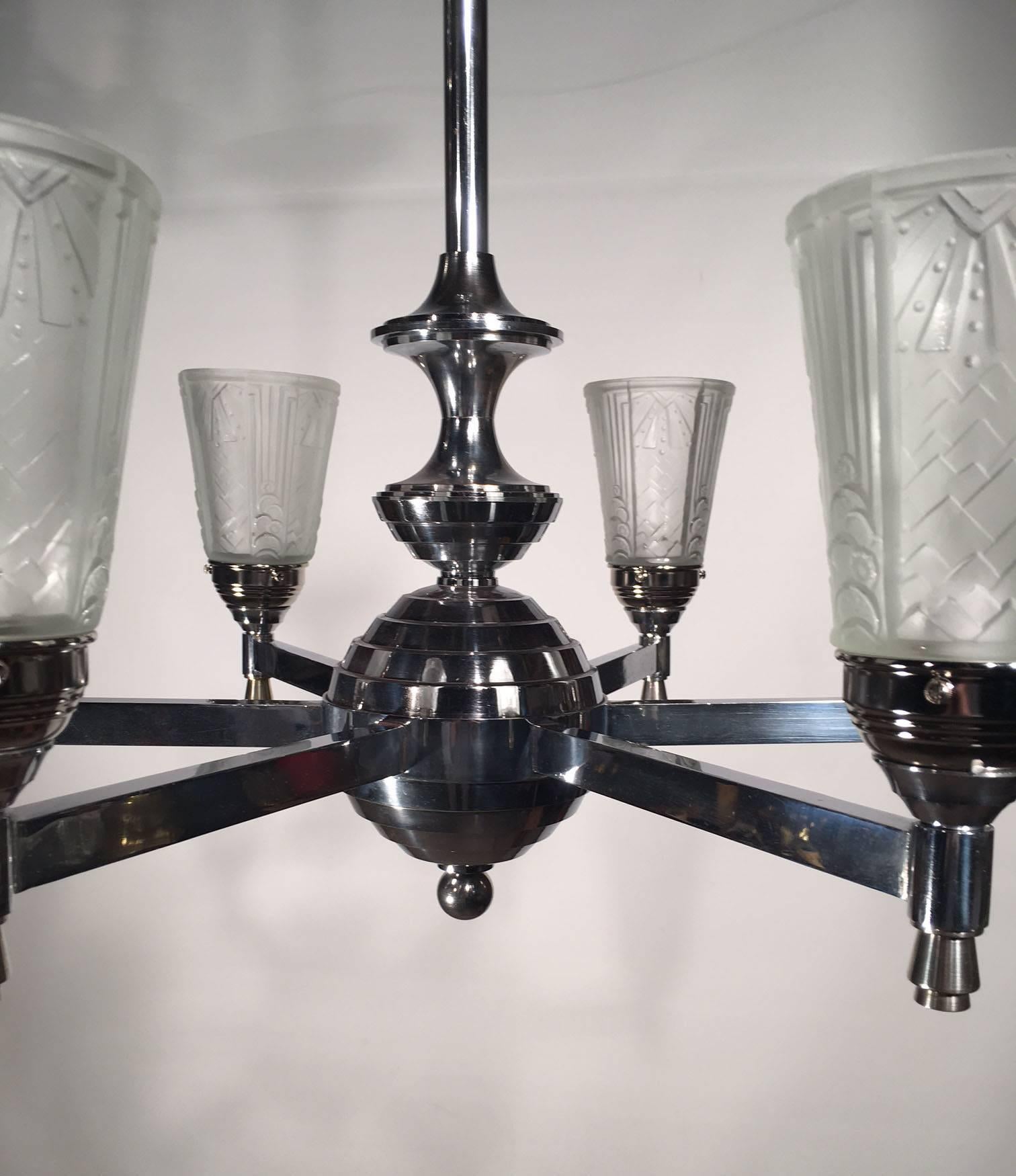 French Nickle Plated Art Deco Six-Light Chandelier