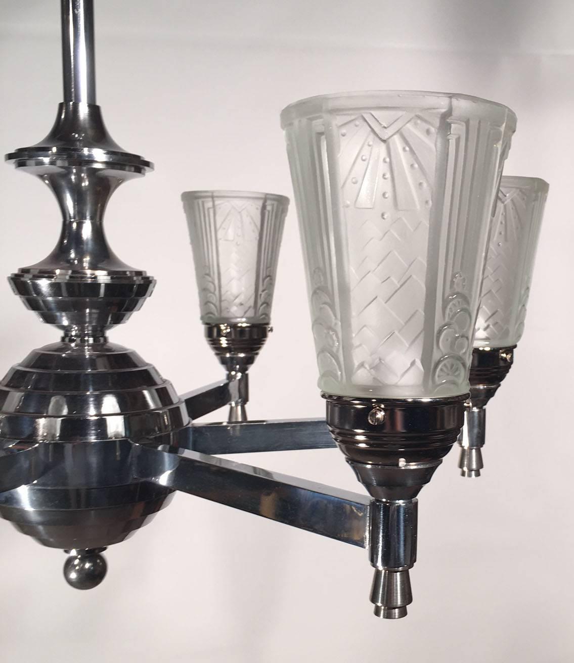 Nickle Plated Art Deco Six-Light Chandelier In Excellent Condition In Montreal, QC