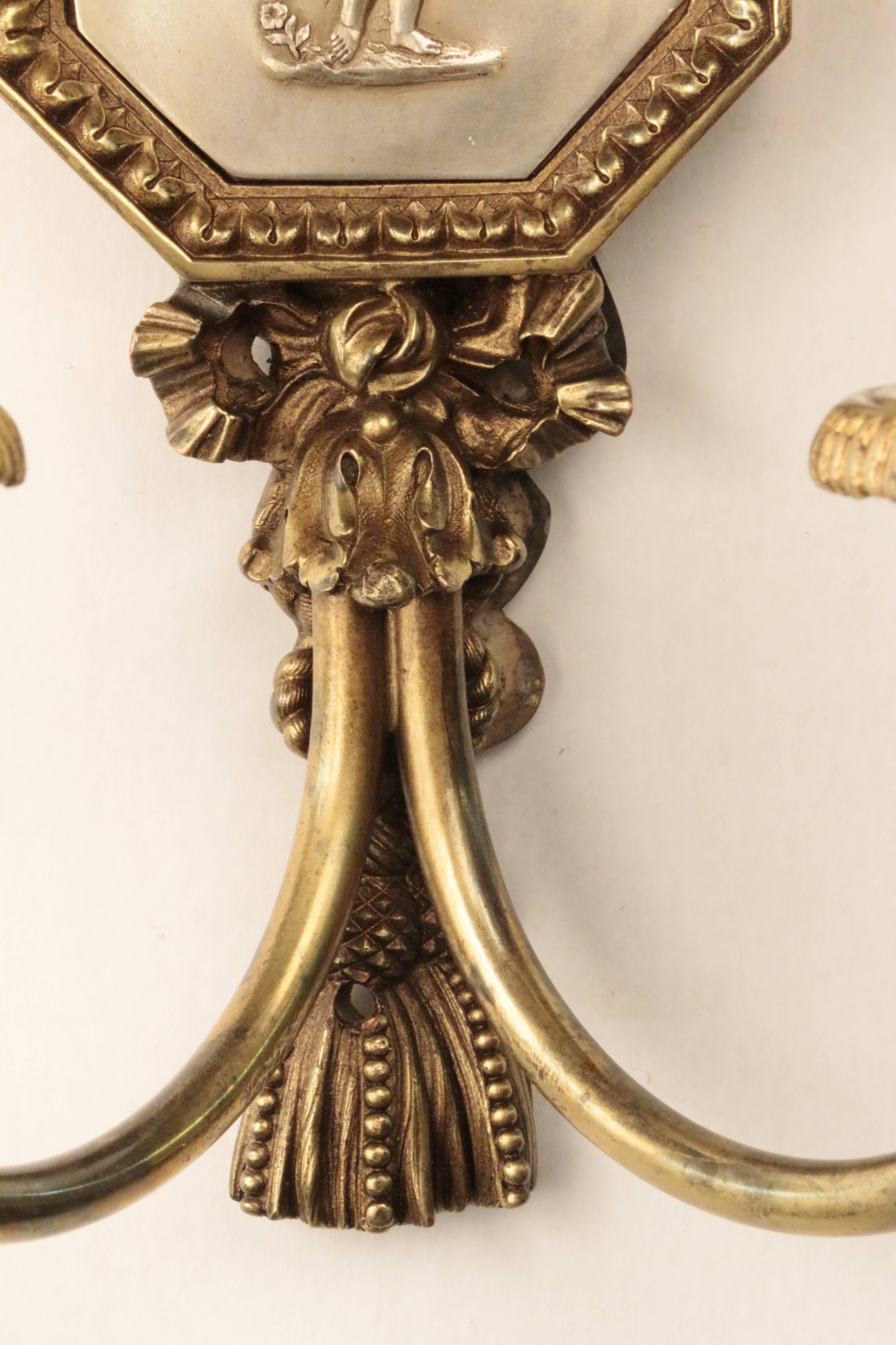 Cast Pair of American E. F. Caldwell Two-Light Wall Sconces