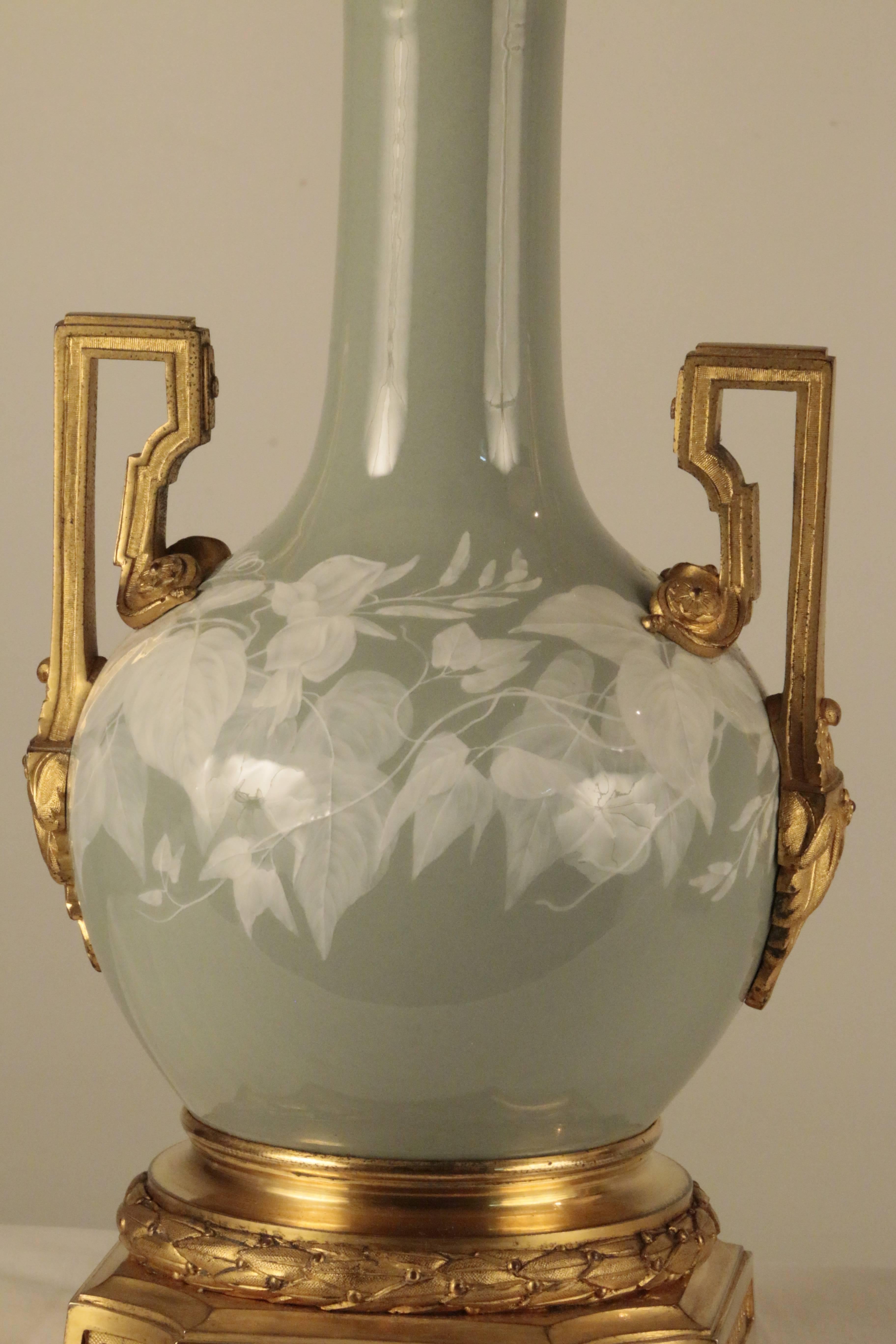 Napoleon III Pair of Antique French Pate Sur Pate Celadon Porcelain Lamps For Sale