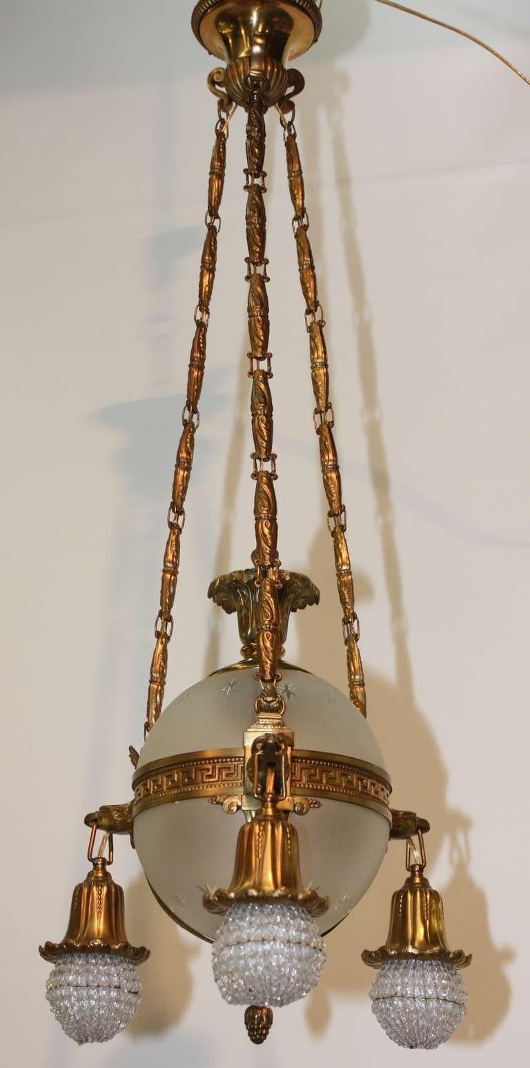 19th Century  French Empire Style Gilt Bronze and Glass Spherical Chandelier For Sale