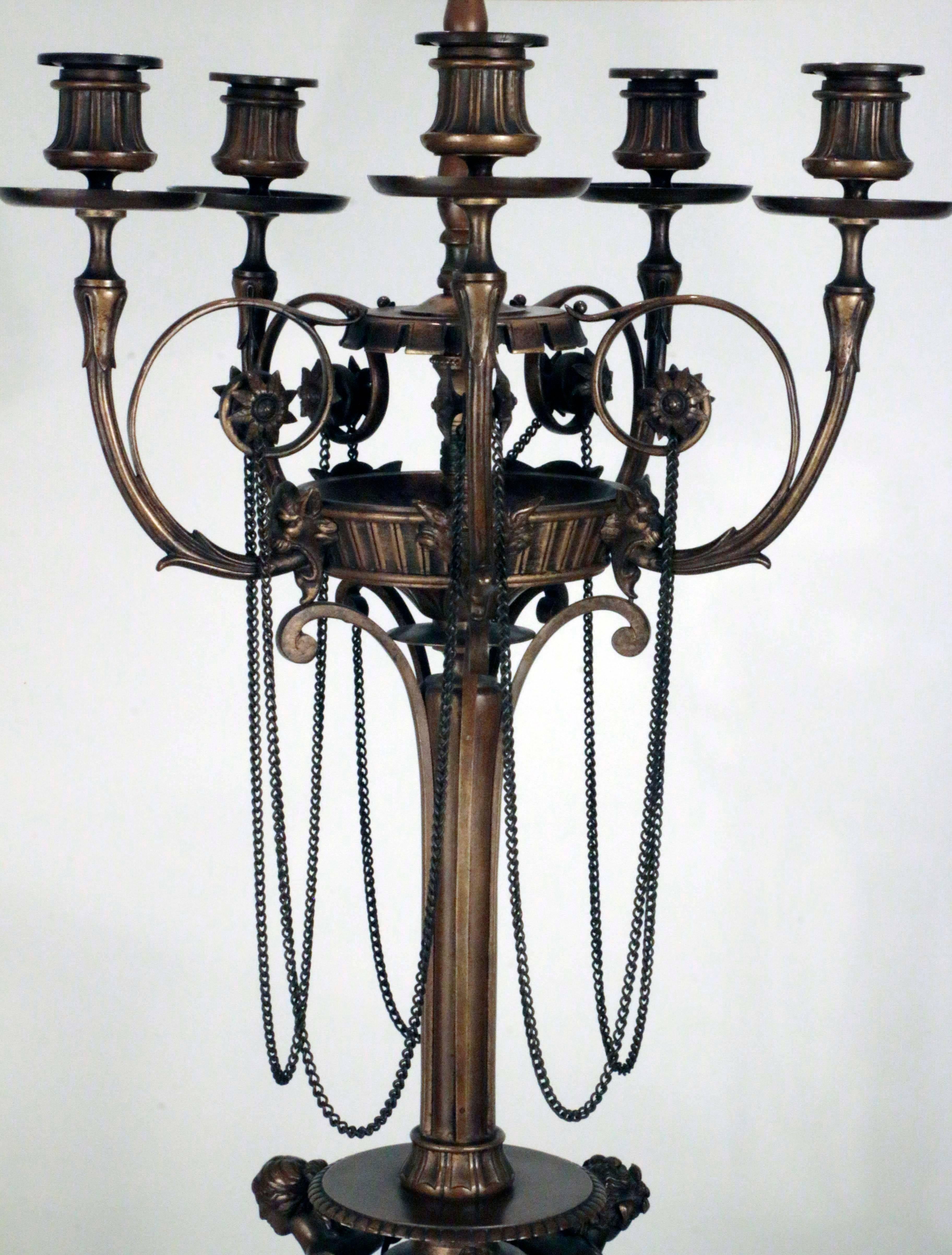 French Pair of Renaissance Revival Five-Arm Candelabra Mounted as Lamps For Sale
