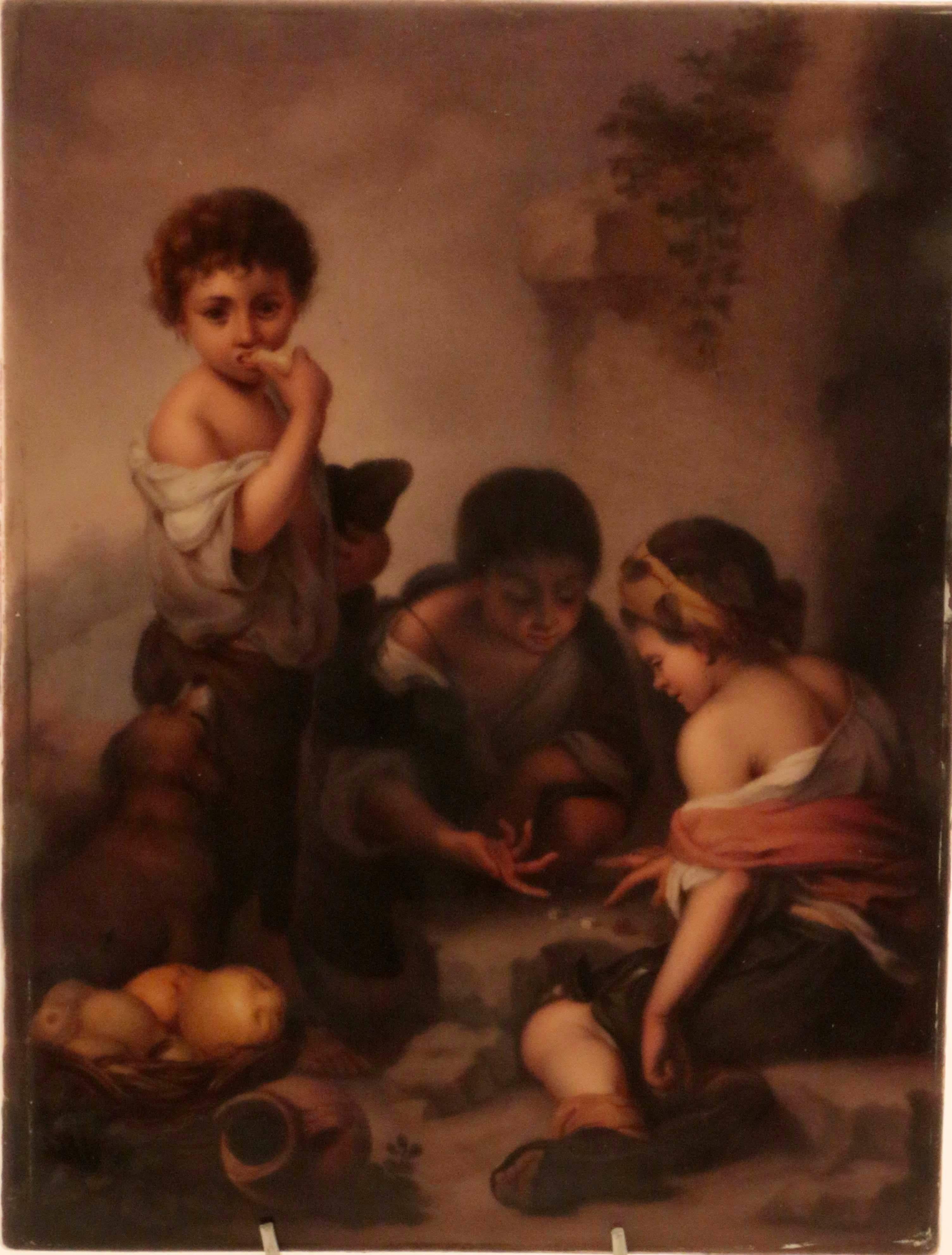 Finely painted after Bartolome Esteban Murillo (Spanish, 1617-1682), a KPM plaque, boys playing dice, with scepter mark verso and impressed H
There is also partially illegible writing verso including a date26/12/ 57 and perhaps, Mr Baxter. This