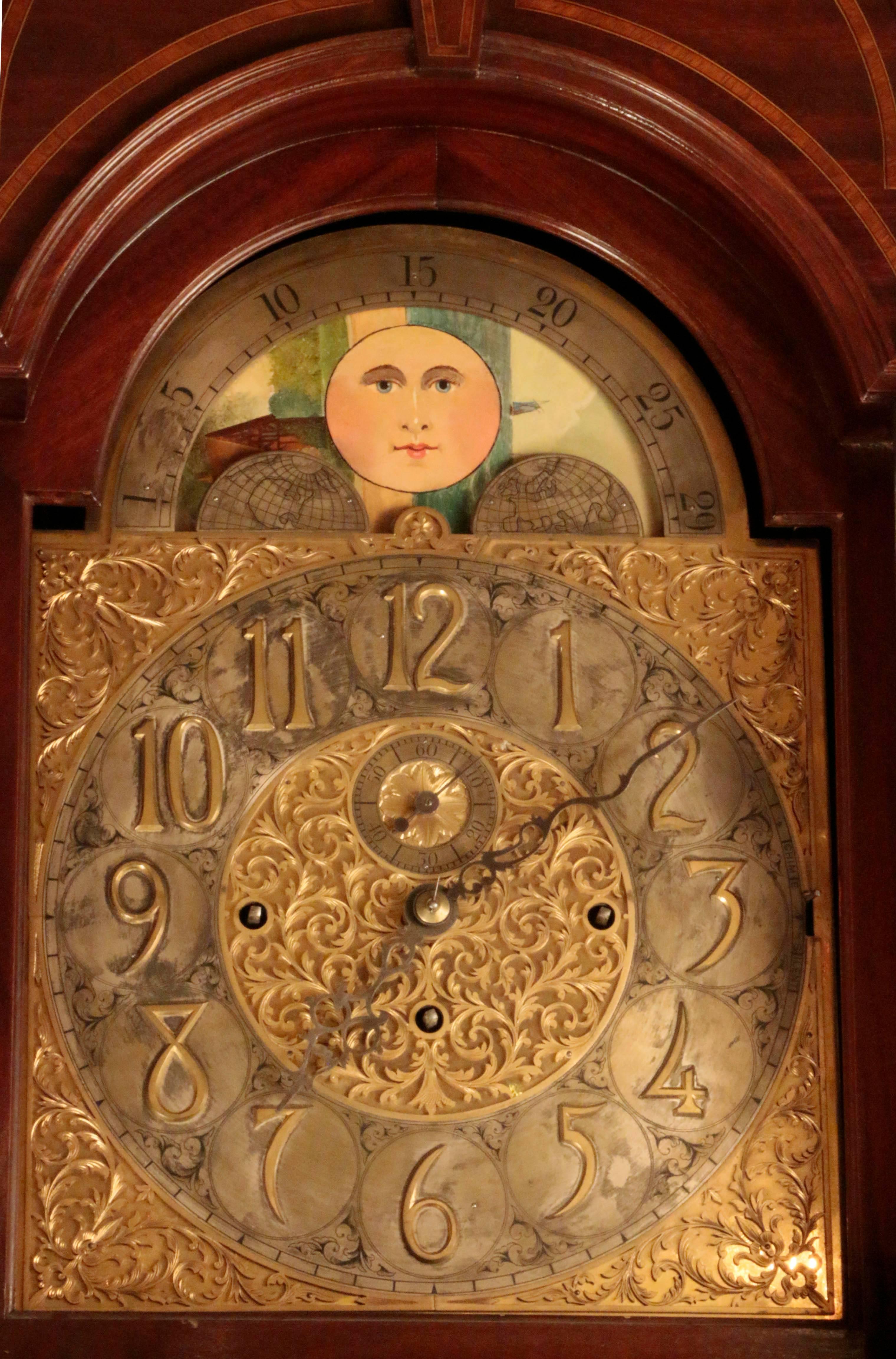 American Sheraton Style Longcase Clock In Good Condition In Montreal, QC