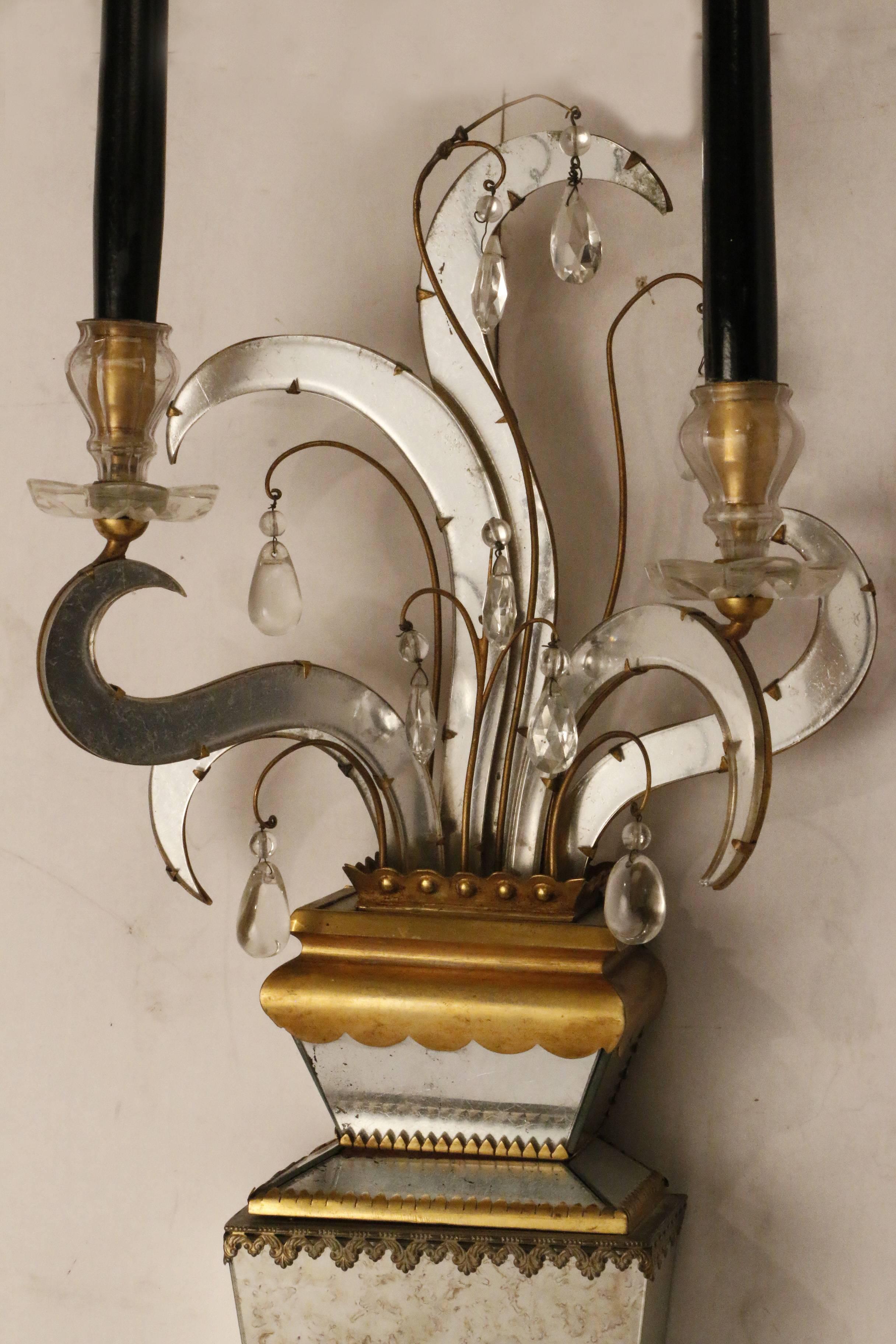 Mid-Century Modern Pair of Two-Light Mirrored Wall Sconces, For Sale