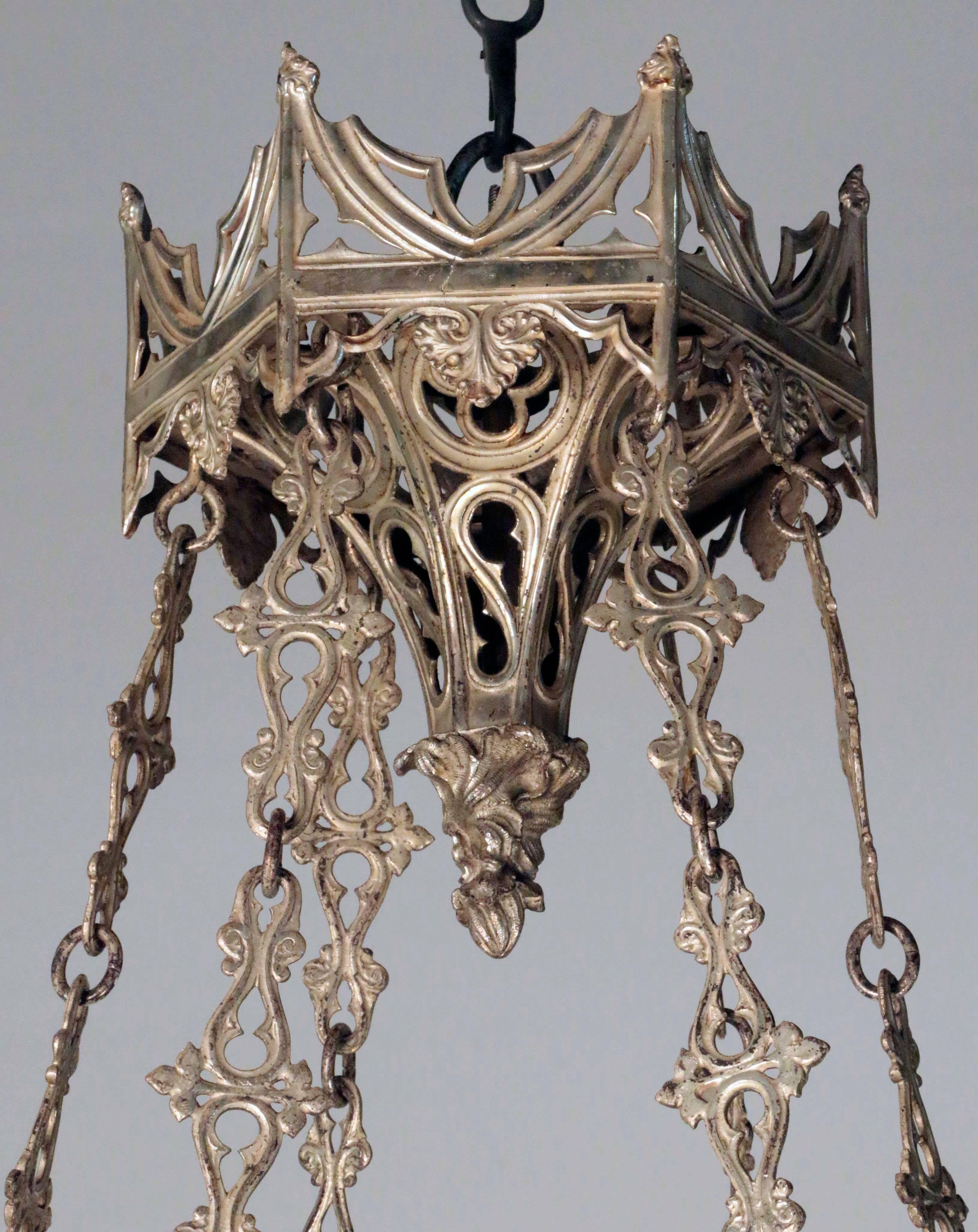 Late 19th Century Antique French Neo-Gothic Silvered Bronze Hanging Fixture