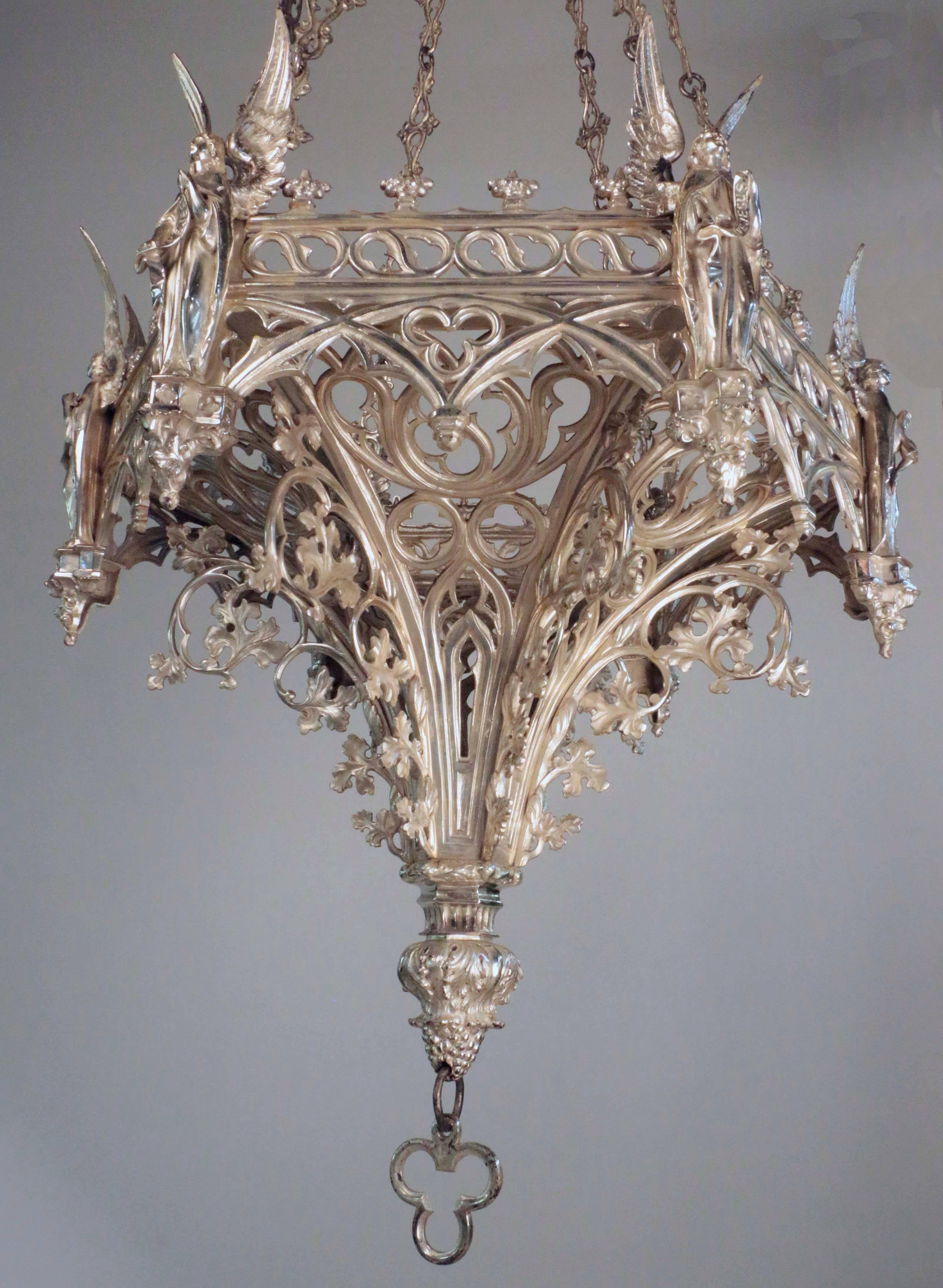 Antique French Neo-Gothic Silvered Bronze Hanging Fixture In Good Condition In Montreal, QC