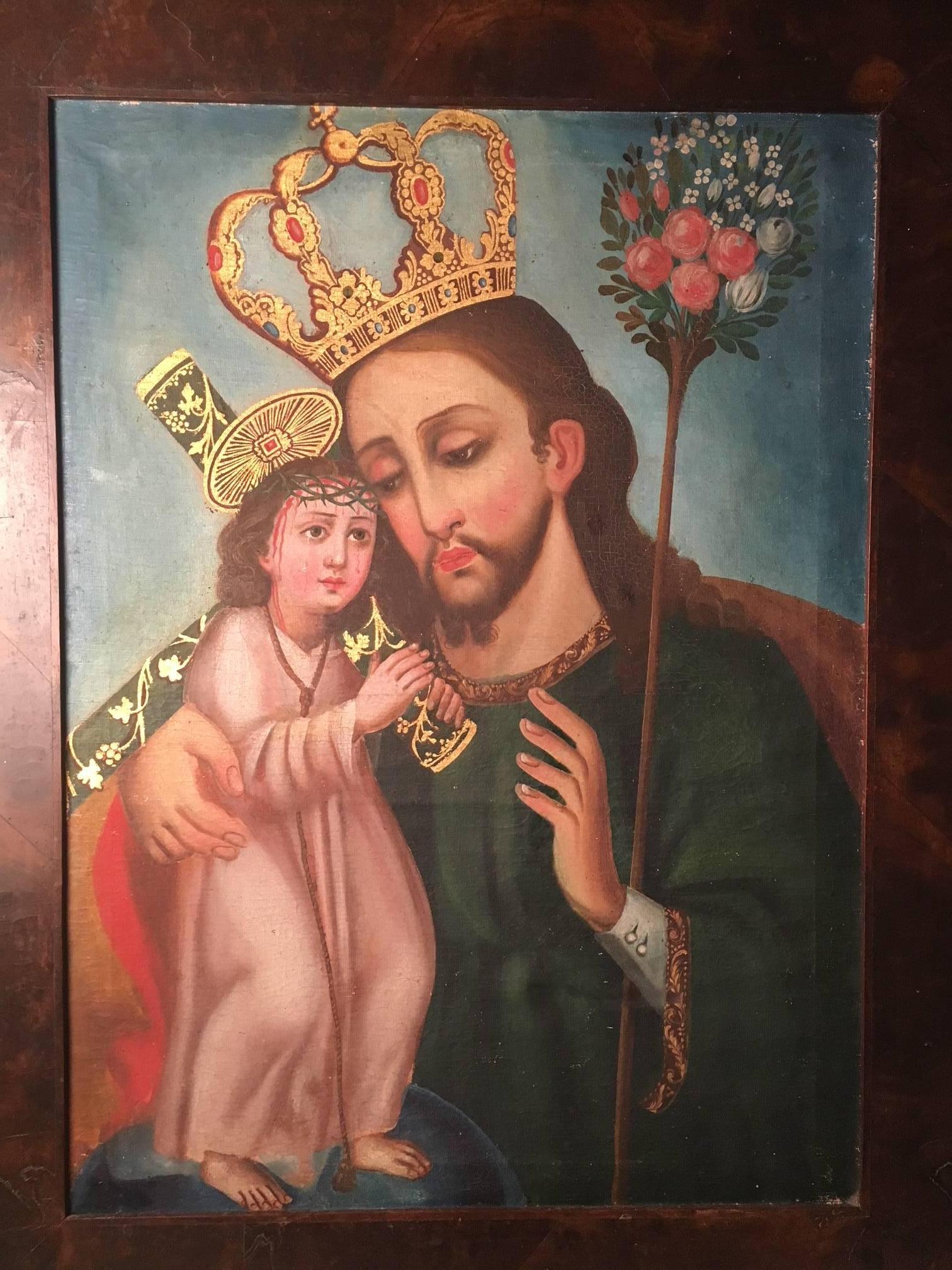 Cuzco often has unusual iconography but this painting is perhaps unique. Saint Joseph, his hand raised in benediction cradles the child Christ with his own little crown of thorns and tear-streaked face. I can find no similarly painted picture. It is