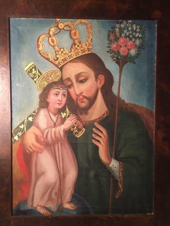 Scuola di Cuzco Ex Voto Dipinto di San Giuseppe con in braccio il Bambino Gesù.