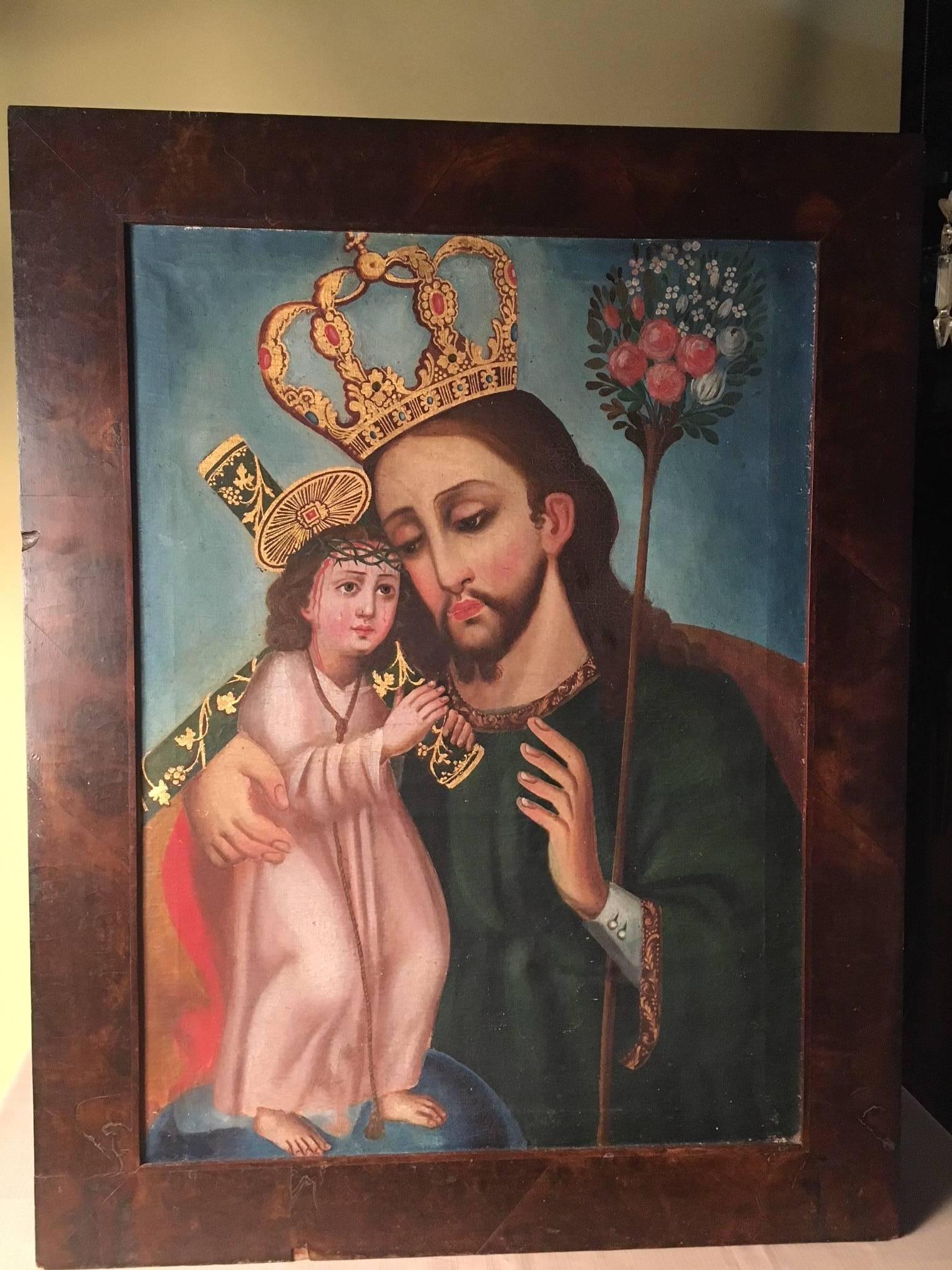 Peruvian Cuzco School Ex Voto Painting of St. Joseph Holding The Christ Child. For Sale