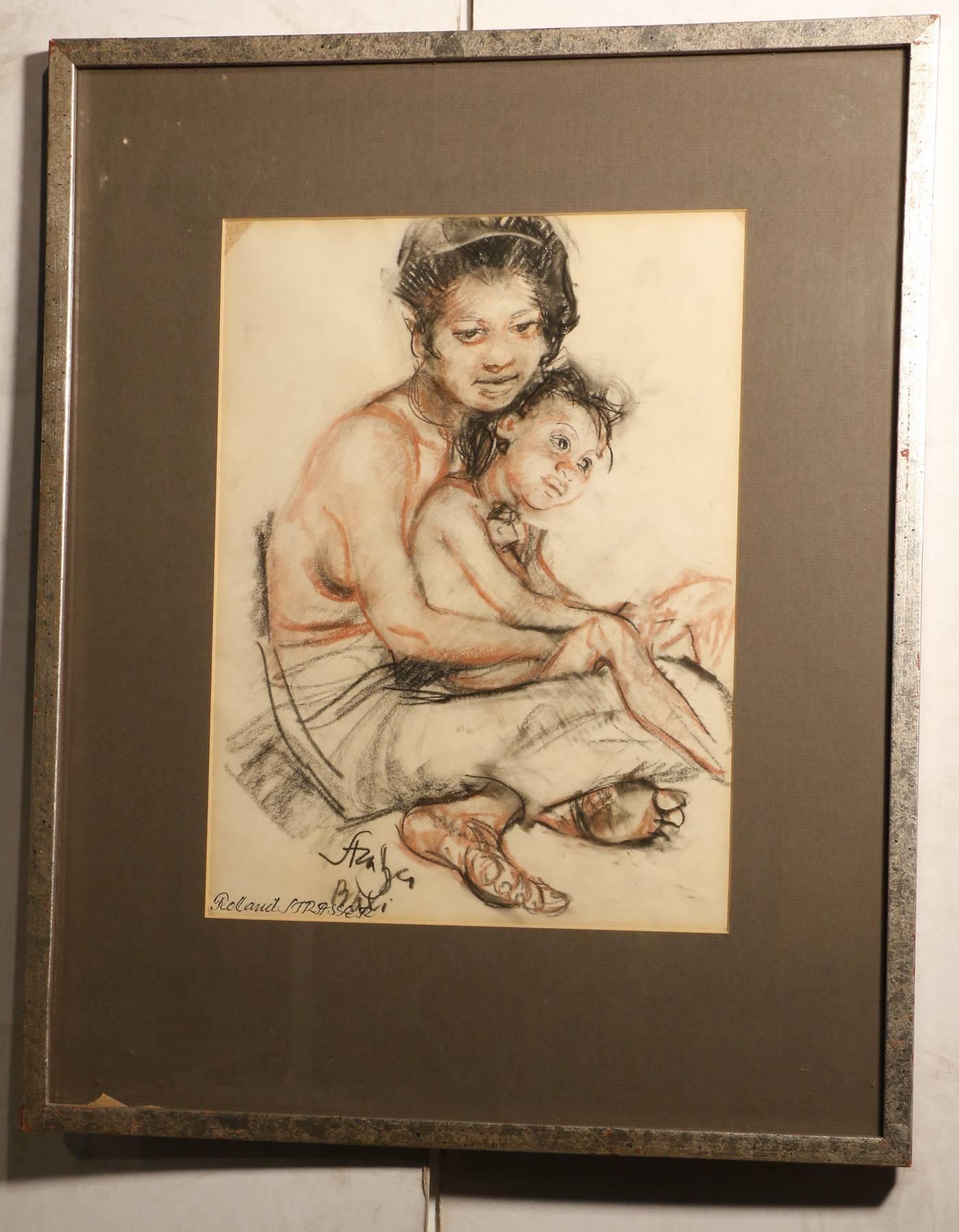 This sensitive portrayal of tender maternal love is quite rare in Strasser's oeuvre. The mother cradles the child and looks out at the artist. It is signed and inscribed Bali.