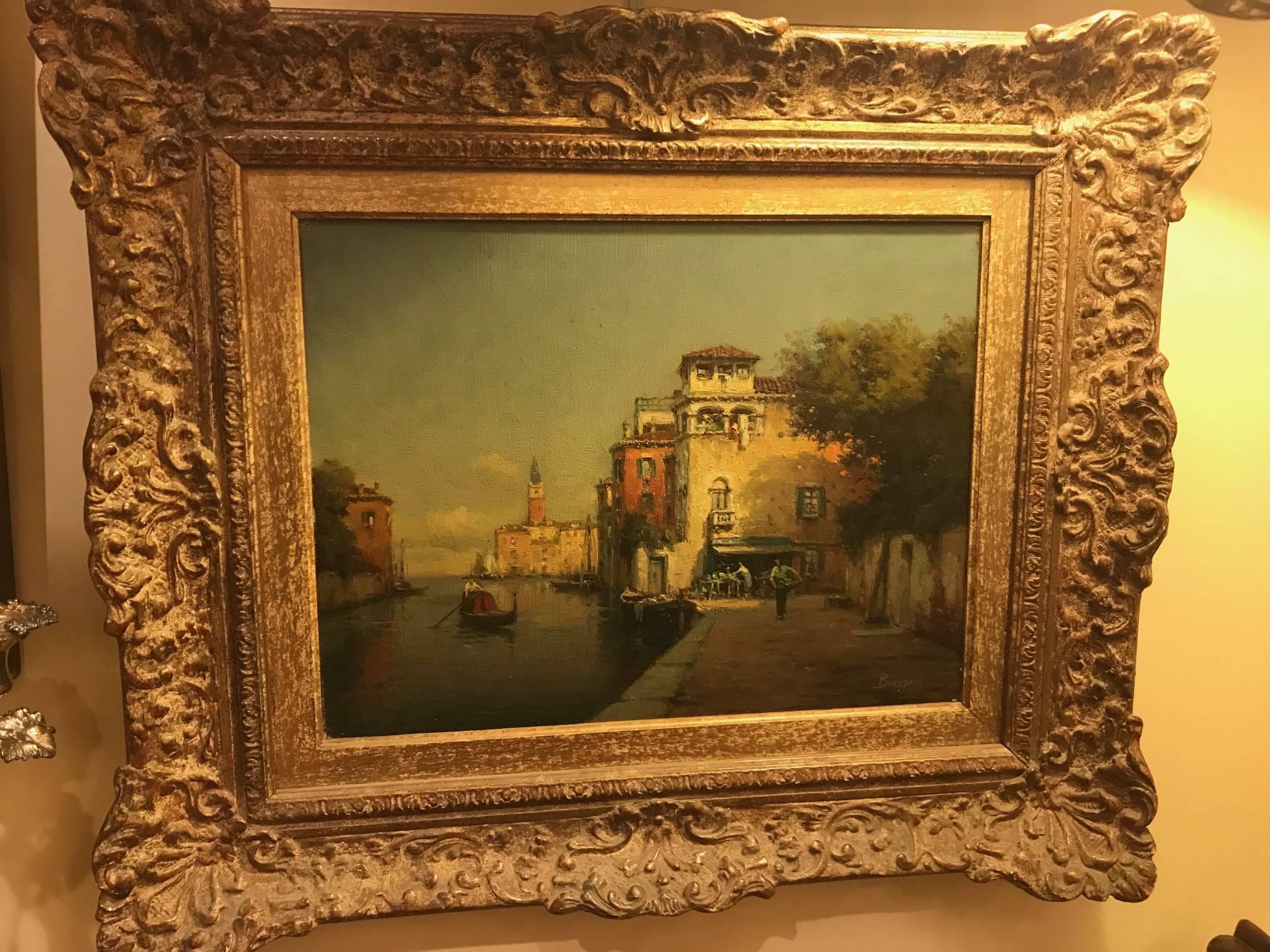 This painting by Antoine Bouvard seems to us to be by the son. As the photos show, it is in excellent condition and has many Fine details undisturbed by restoration, particularly in the quayside scene, which adds a lively dimension.