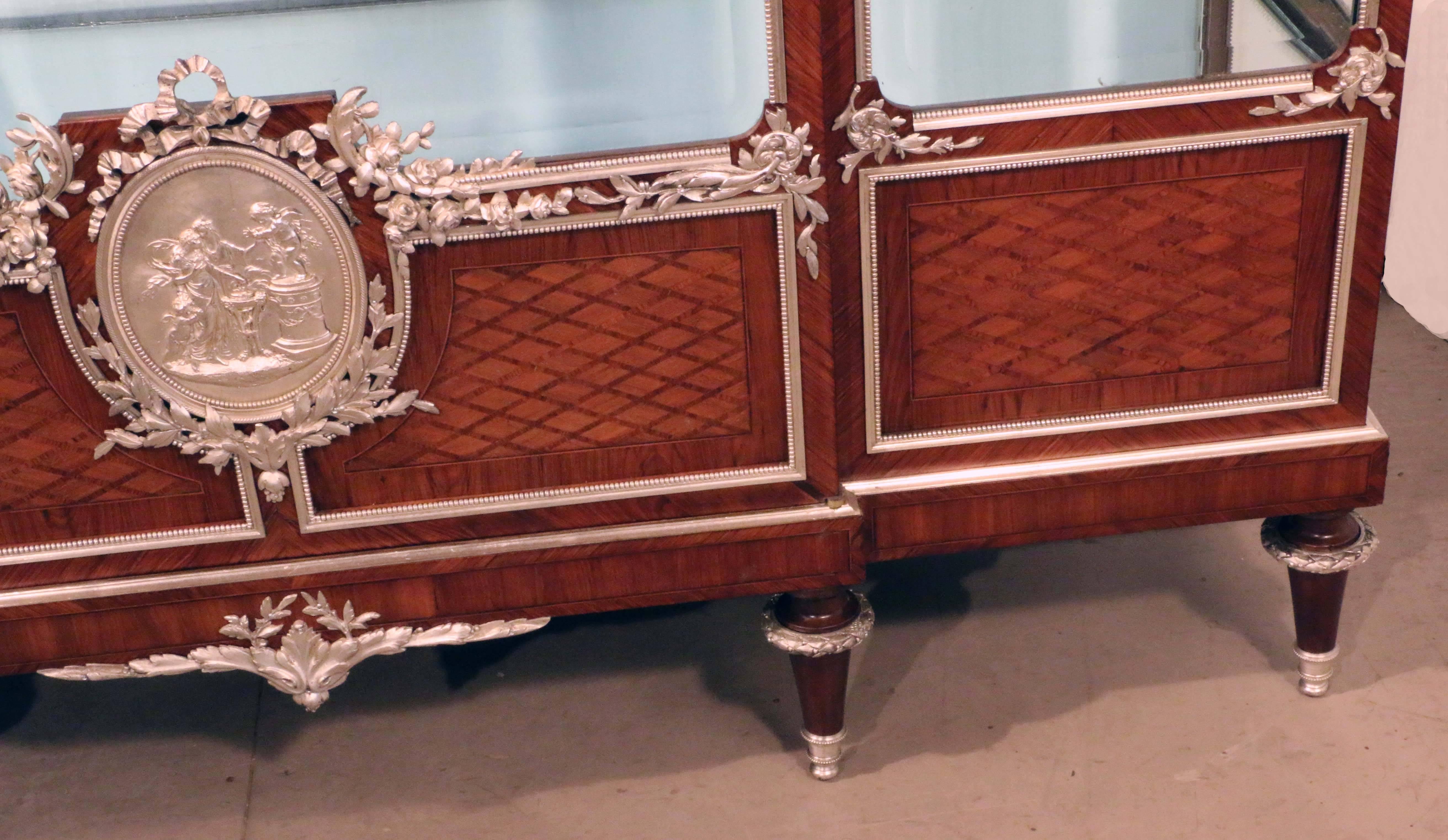 Bronze French Louis XVI Style Breakfront Vitrine in Violet Wood and Parquetry For Sale