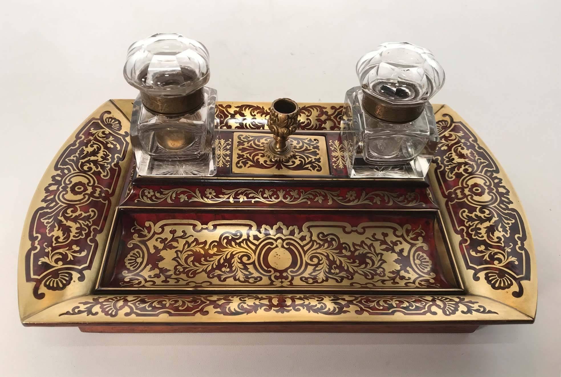 Napoleon III Napoleon 111 Boulle Cut Brass and Scarlet Inkstand