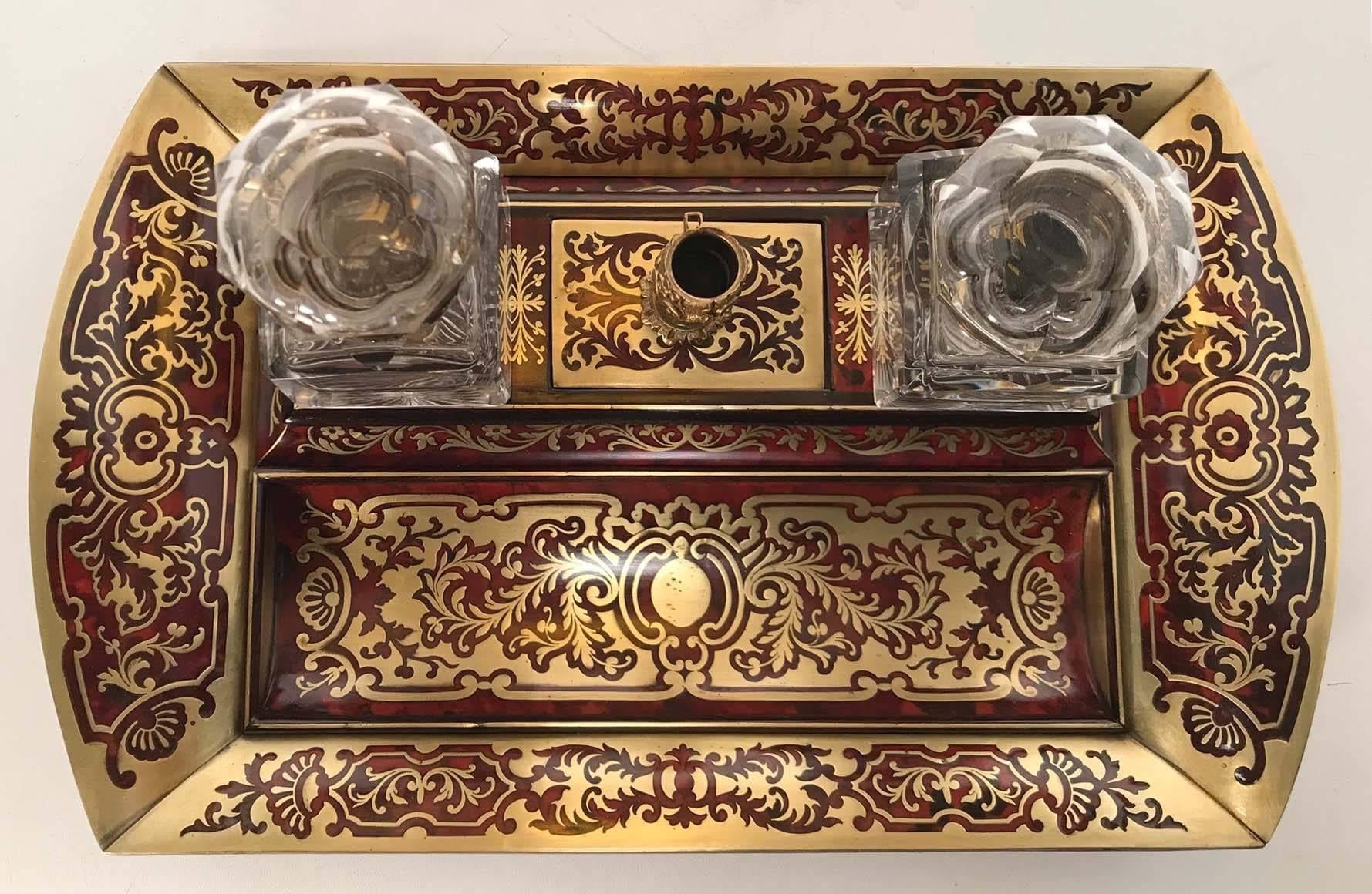 French Napoleon 111 Boulle Cut Brass and Scarlet Inkstand