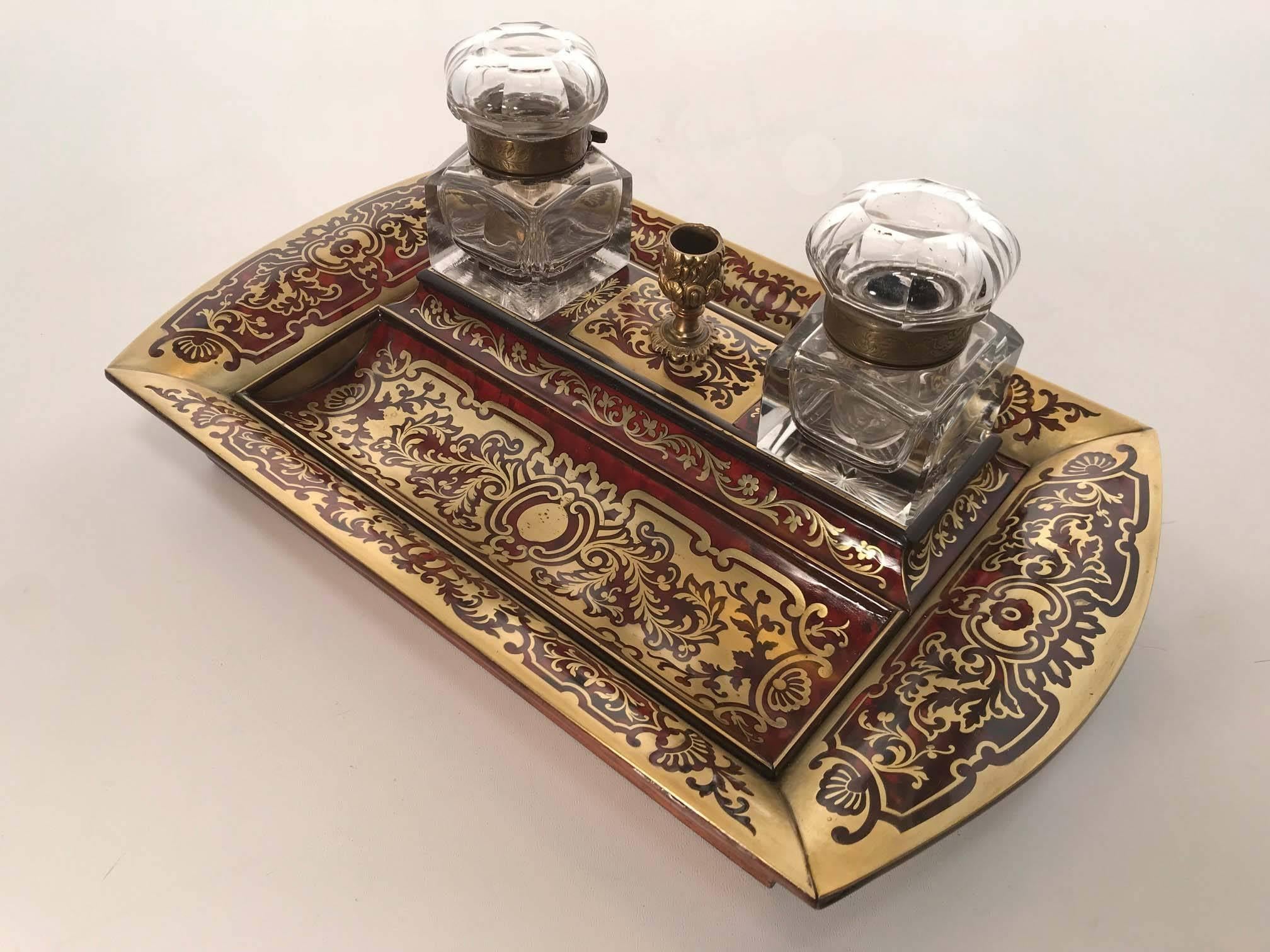 Inlay Napoleon 111 Boulle Cut Brass and Scarlet Inkstand