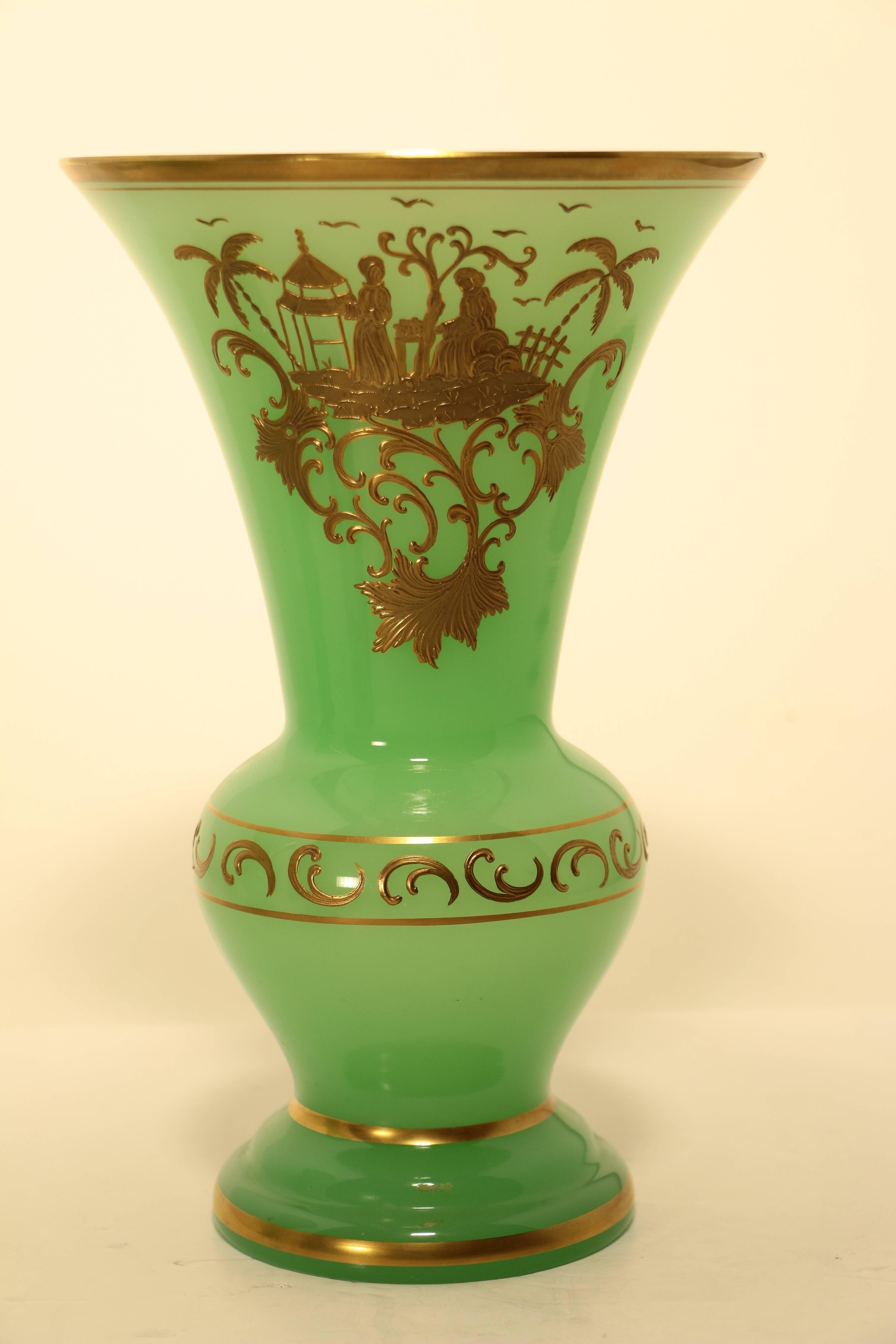 Pair of French Baccarat Chrysoprase (Uranium) Green Opaline Art Glass vases, circa 1845-1865. 

We have these from a private collection, assembled in Swtizerland probably in the 1920s. Each vase with baluster stem and flared rim is applied with