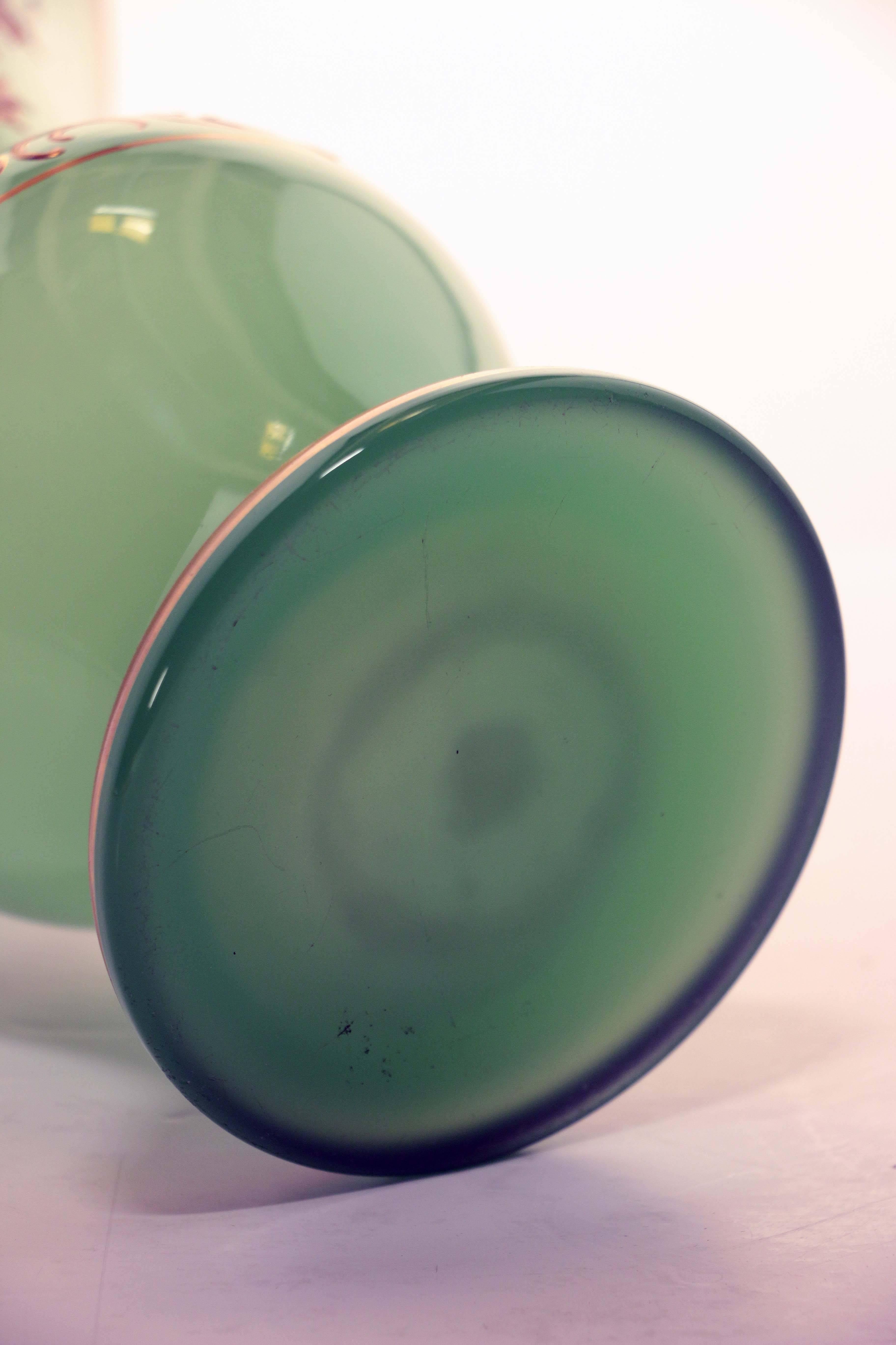 Mid-19th Century Pair of French Baccarat Chrysoprase ‘Uranium’ Green Opaline Art Glass Vases