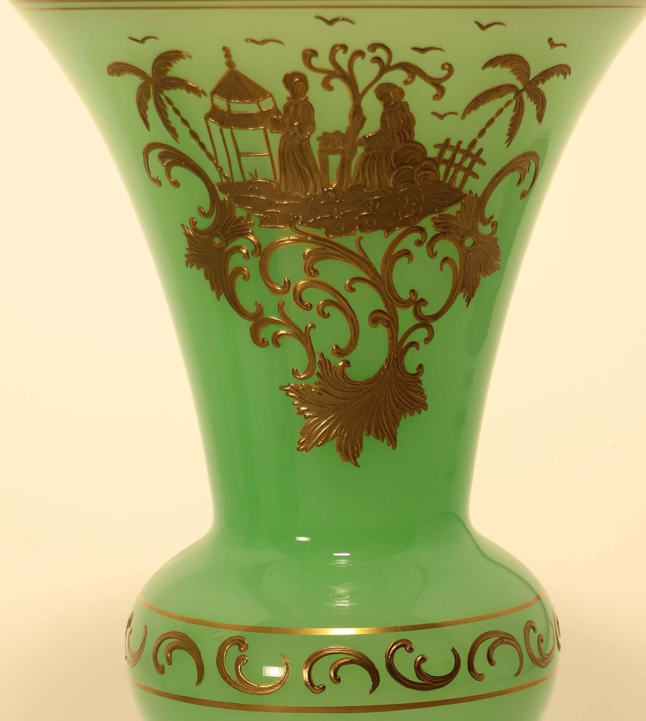 Gilt Pair of French Baccarat Chrysoprase ‘Uranium’ Green Opaline Art Glass Vases