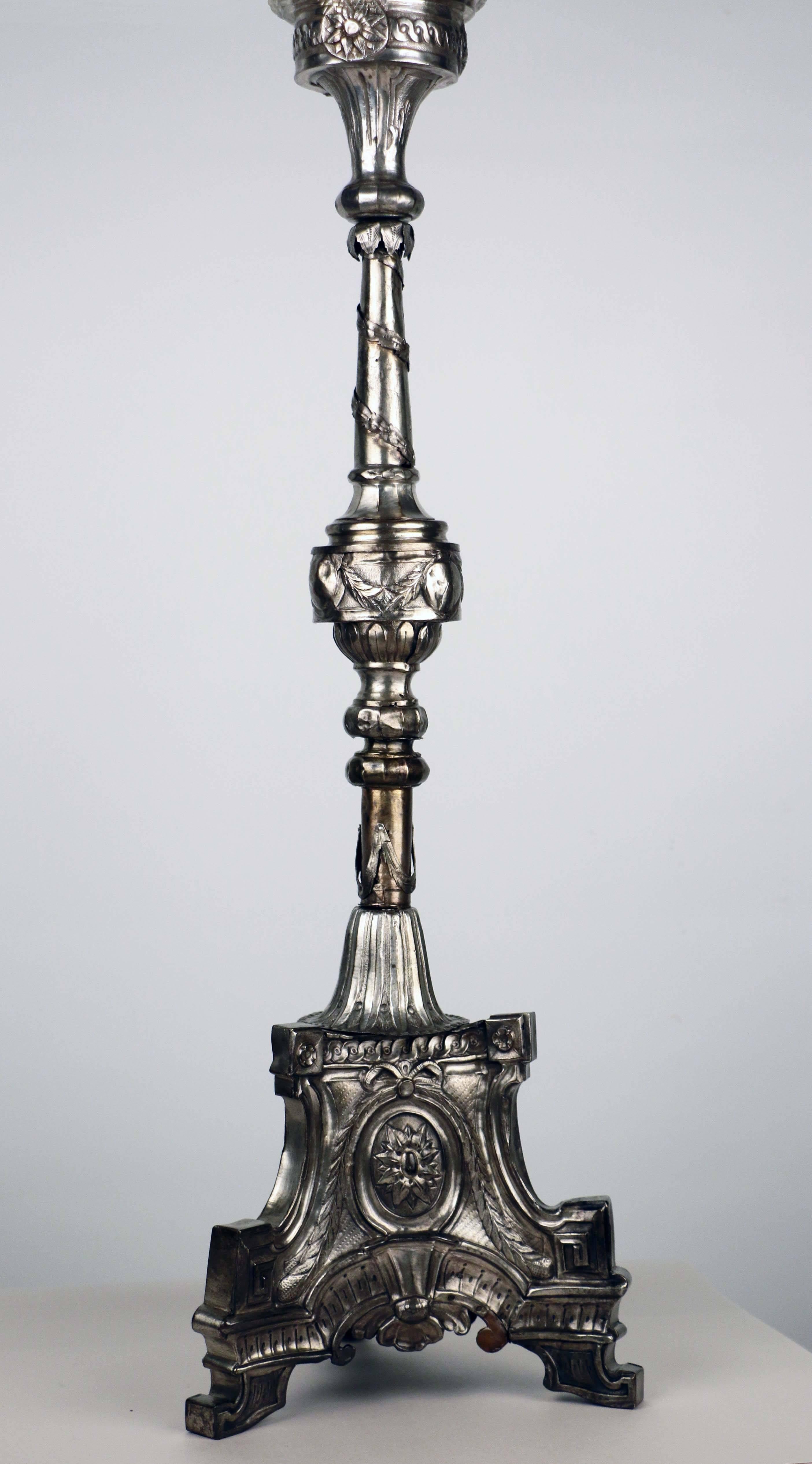 Swedish Pair of Large Late 18th Century Plated Neoclassical Candlesticks For Sale