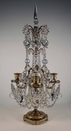 Pair of French Louis XVI Bronze and Cut Lead-Crystal Girandoles