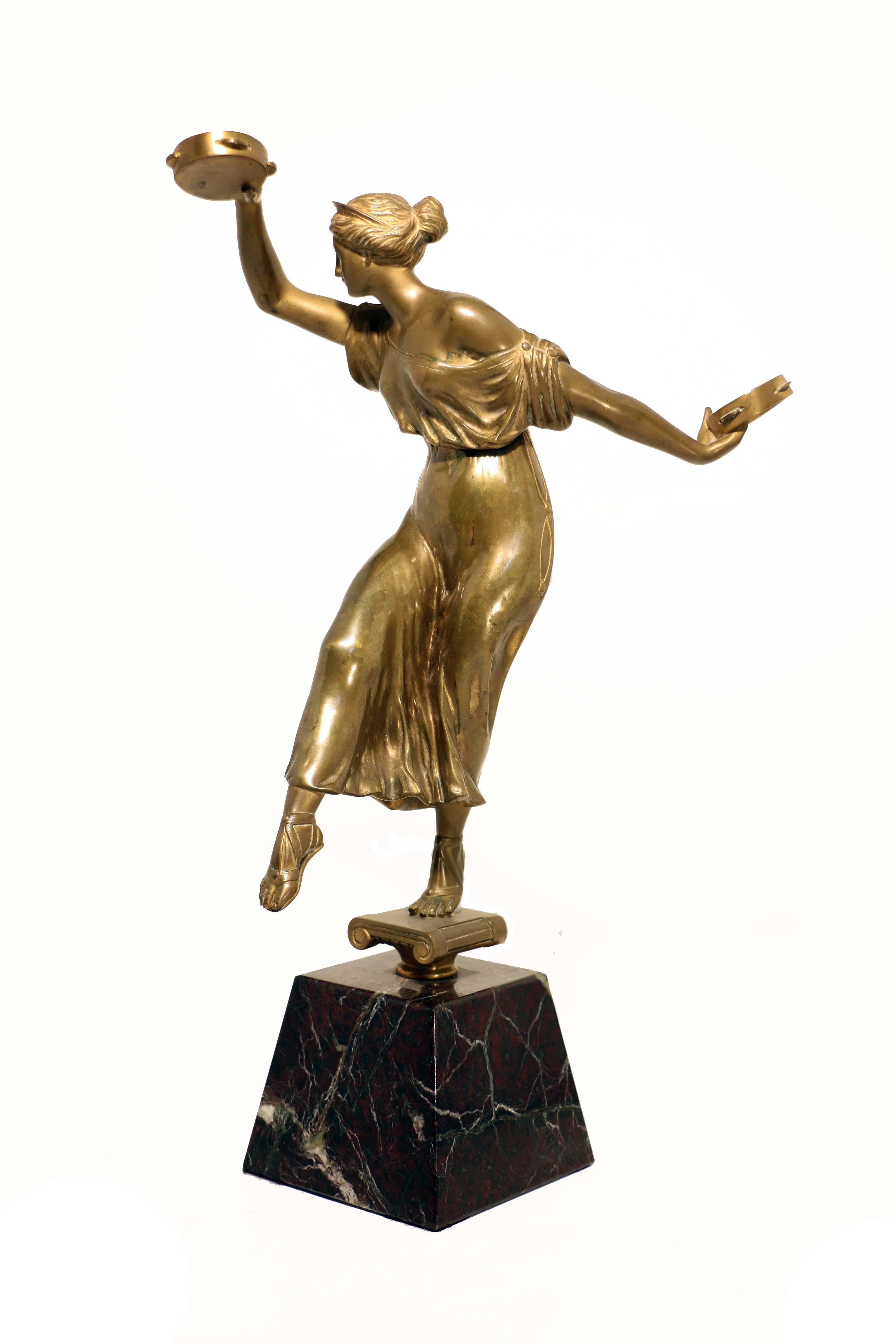 French Bronze Sculpture of Lady with Tambourines Signed S Lugli