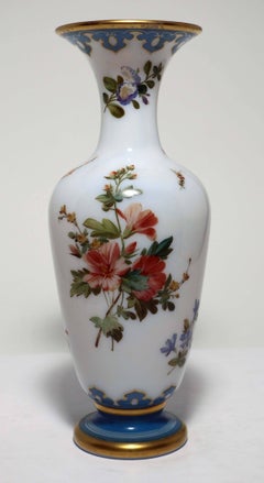 White Opaline Baccarat Glass Floral Painted Vase