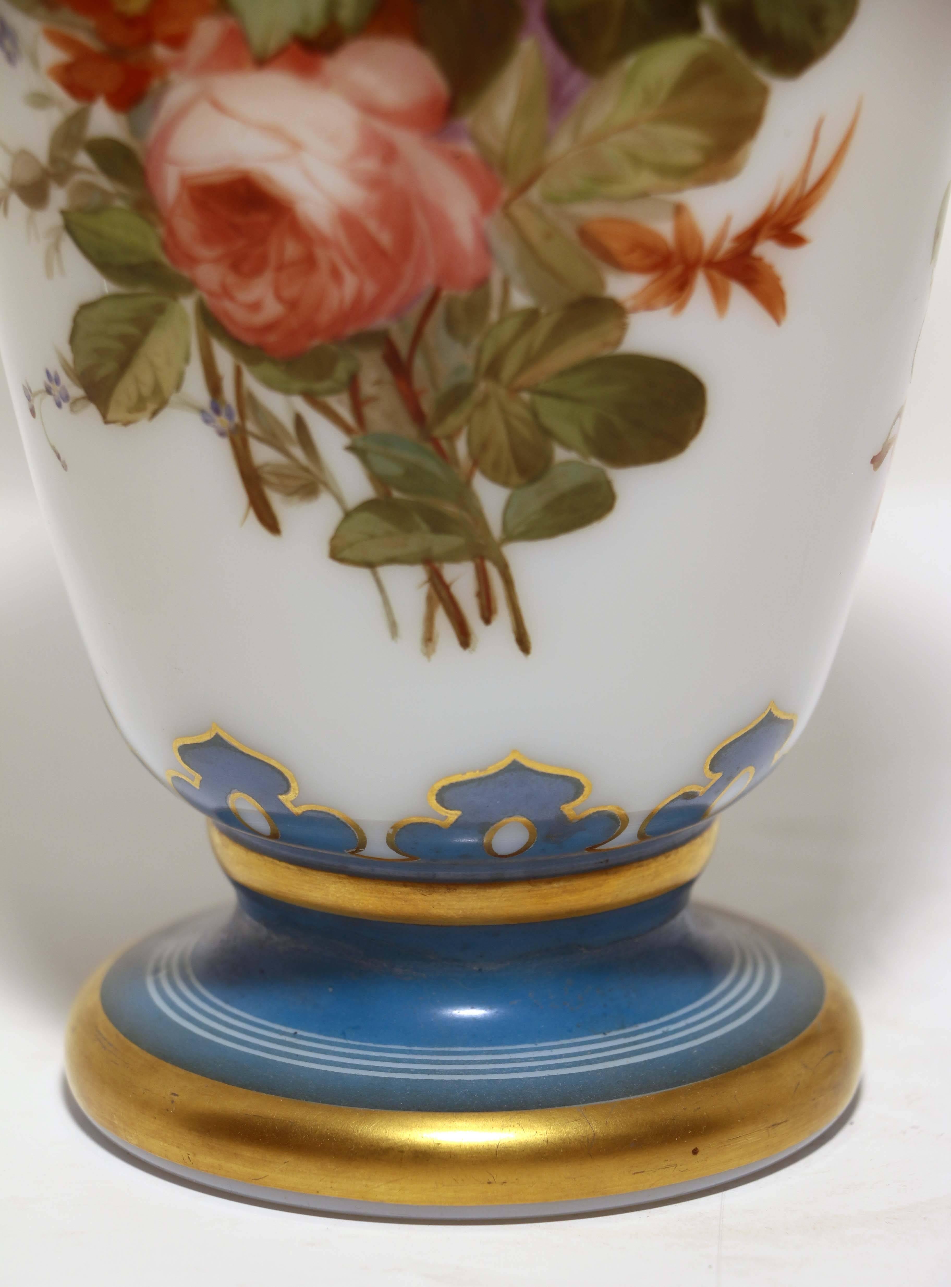 Hand-Painted White Opaline Baccarat Glass Floral Painted Vase For Sale
