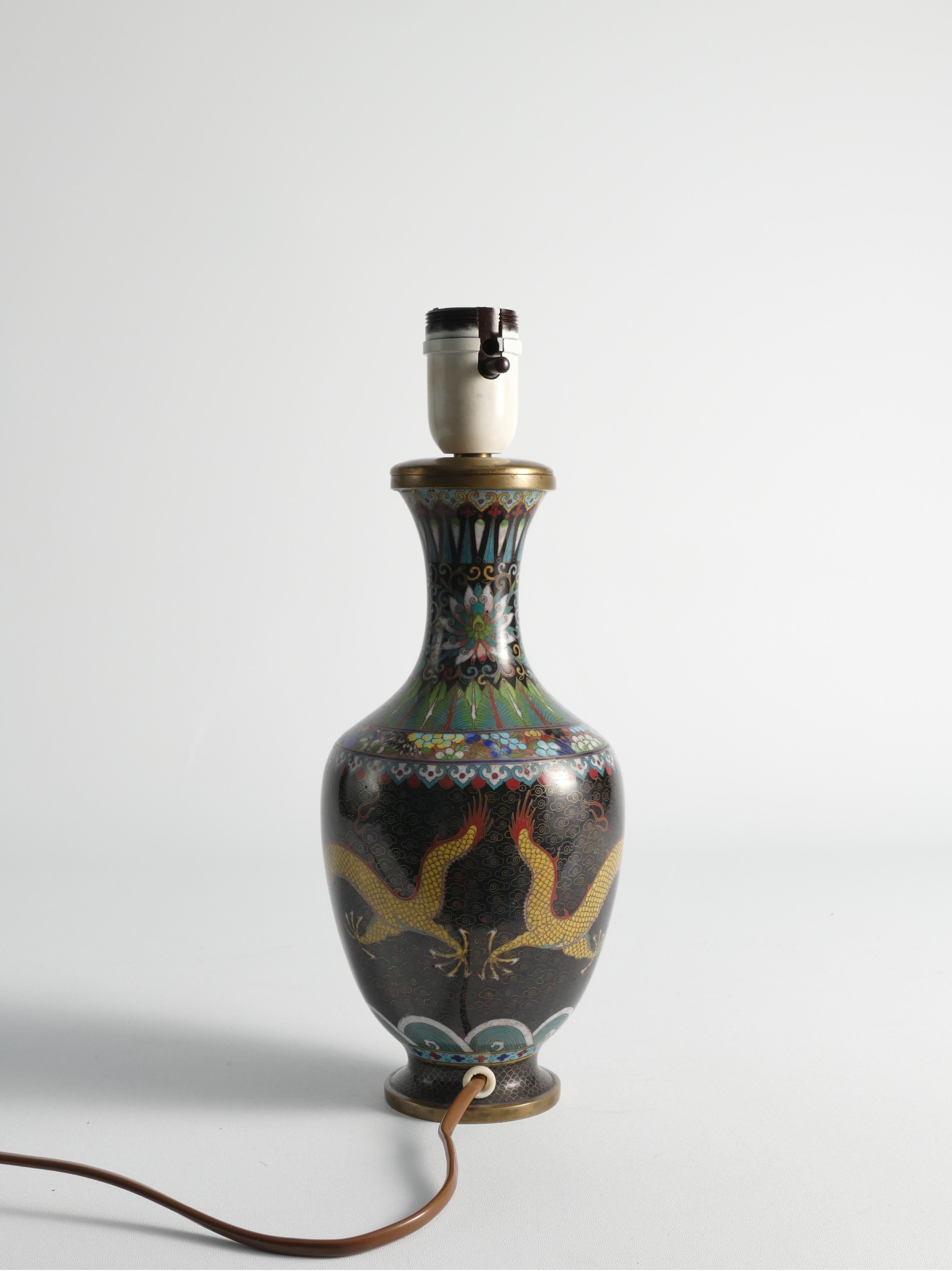 Qing Early 20th-century Famille Noire Chinese Cloisonne Yellow Dragon Table Lamps For Sale