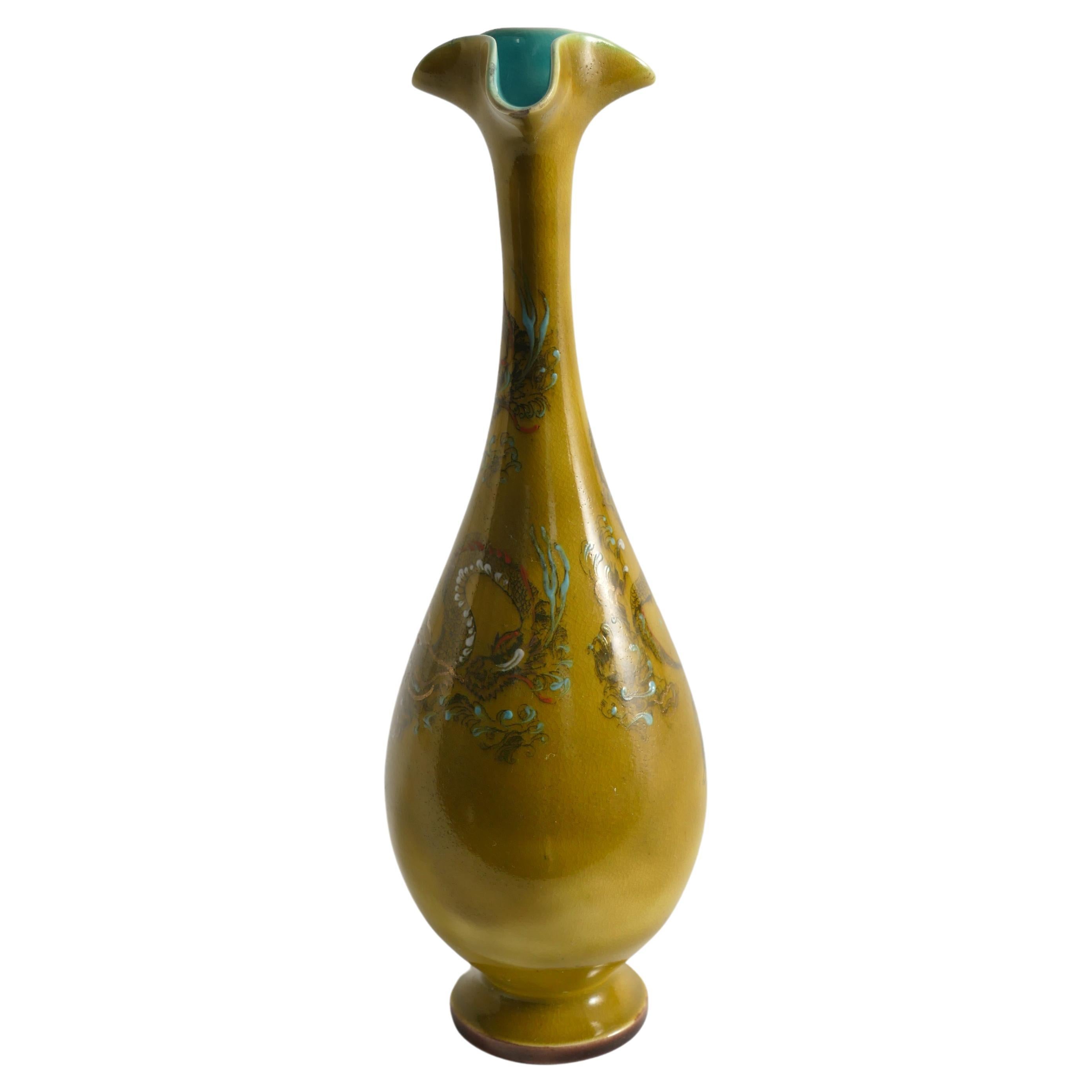 Chinoiserie Ochre Yellow Dragon Vase by Lambeth Doulton Faience, England 1880s For Sale
