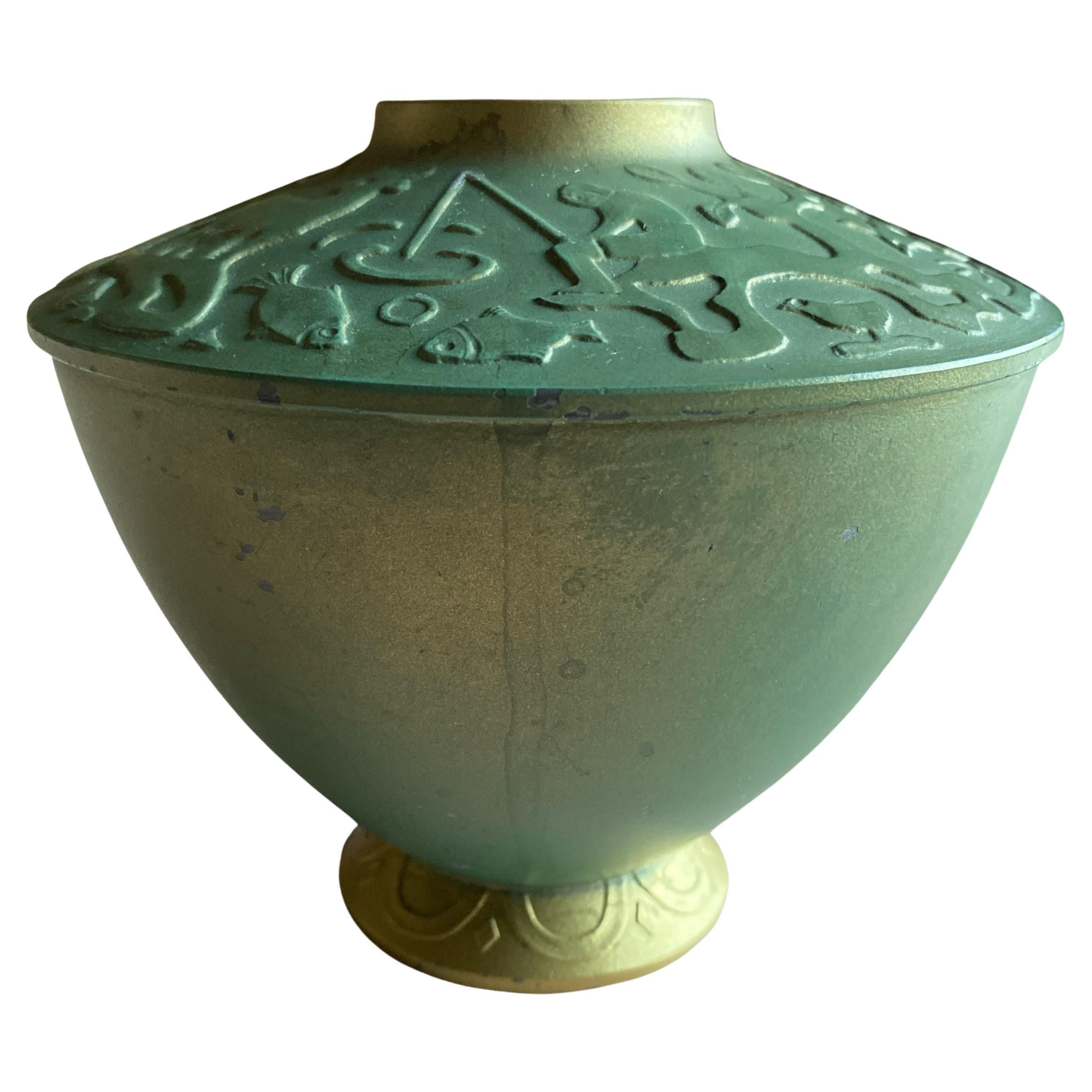 Art Deco Sage Green Metal Vase Attributed to Sonja Katzin, Stjärnmetall, 1940s