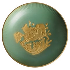 Sage Green Art Deco Footed Centerpiece Bowl with Bear Figures by Stjärnmetall