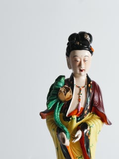 Mid-Century Polychrome Ceramic Figure of Guanyin on Lotus Pedestal, China