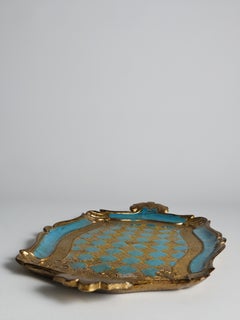 Florentinisches Tablett im Neorokoko-Stil, vergoldet und türkis, mit Harlekin-Muster, Italien