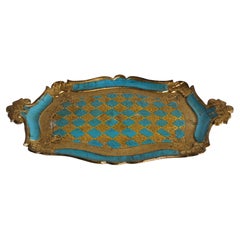 Florentinisches Tablett im Neorokoko-Stil, vergoldet und türkis, mit Harlekin-Muster, Italien