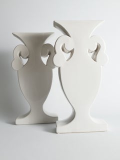Pair of Postmodern Flattened White Ceramic Urn Vases, Circa 1980s, Set of 2**