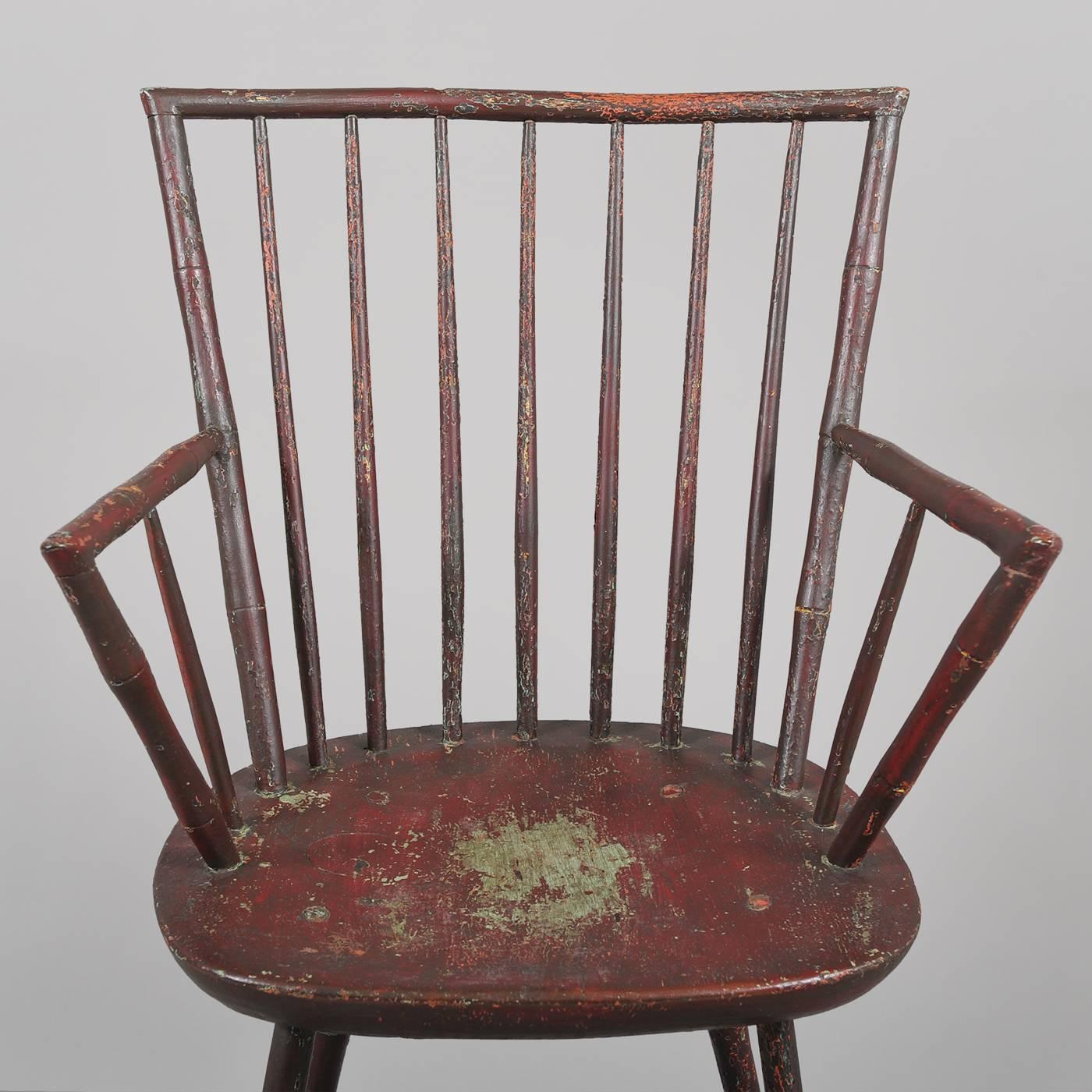 New England, probably Maine, circa 1790-1800.
Hardwoods, red over green paint.
Condition: Fine condition, minor imperfections, old red paint over earlier green.
This rare tall example was probably made for a craftsman and used for utilitarian