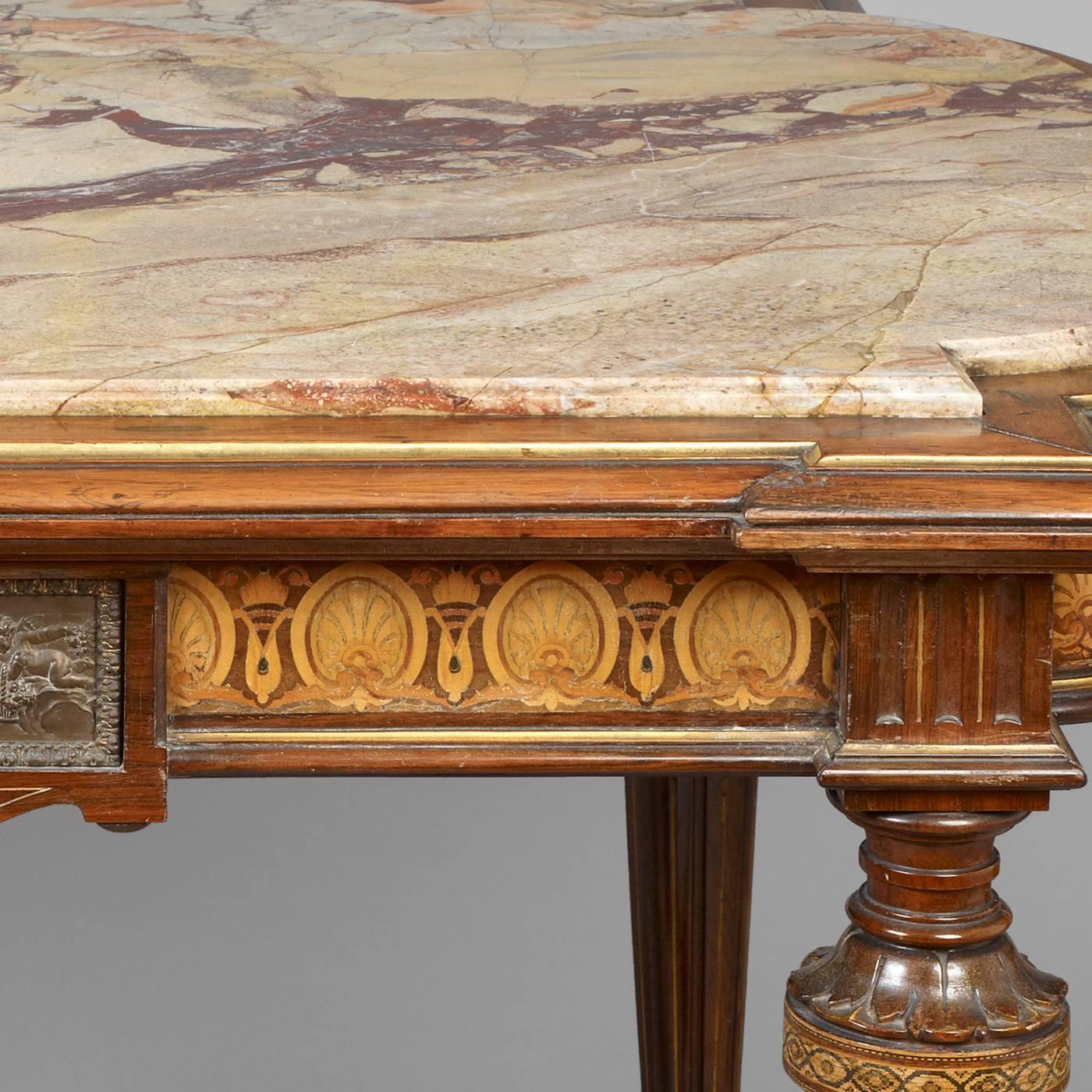 Rosewood, marquetry of various woods; secondary woods: tulip poplar, oak or ash, gilding, gilt brass, bronze. top: Marble, circa 1870.
Customer name "Buell" followed by 36373 marked on top underneath the marble.
The center table exhibits