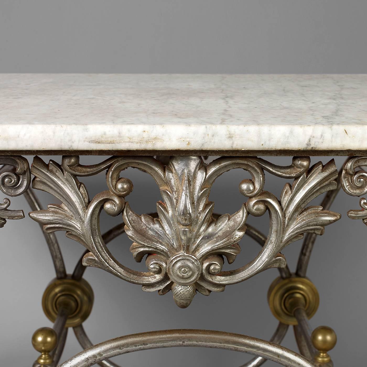 French, second half of the 19th century.
Polished steel, brass, marble.
Condition: Excellent, original marble.
This is an extraordinary example of a French butcher's table, both for it's size and quality of the ornamentation. The frieze of the