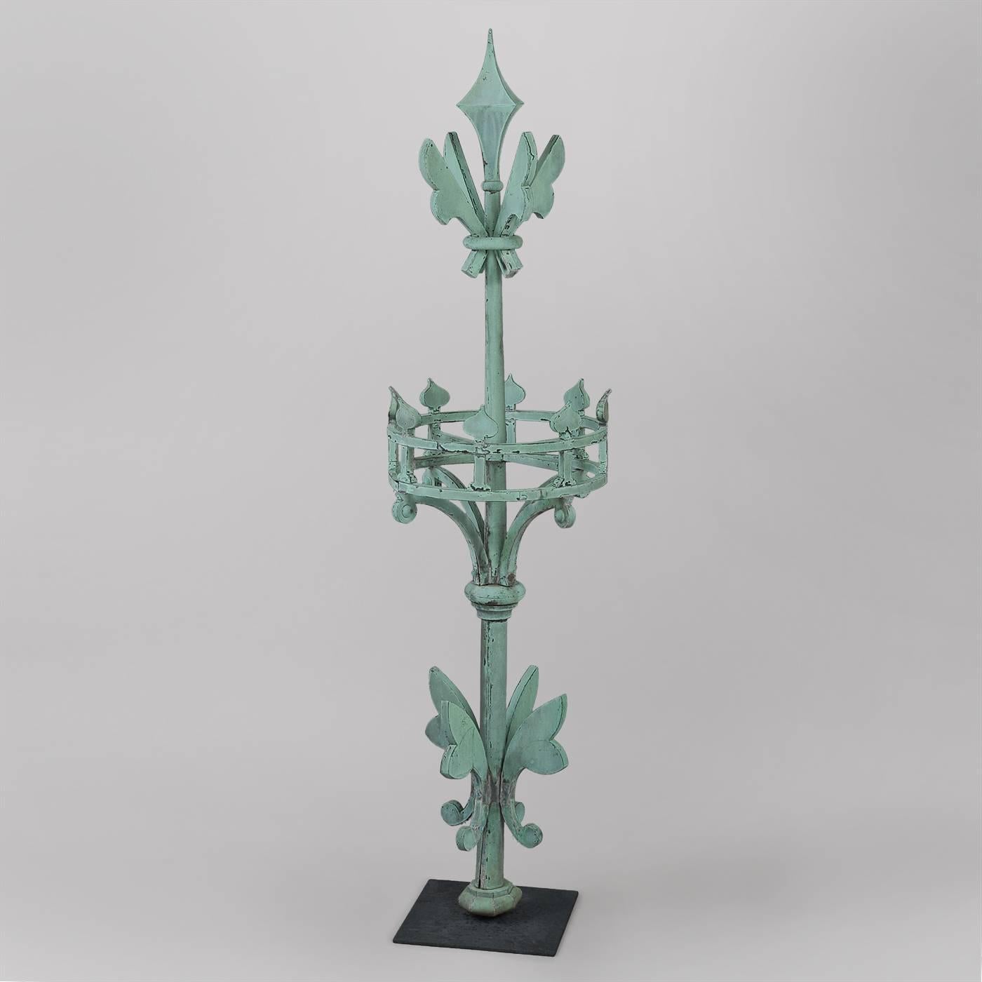 American, probably New England or New York.
circa 1875-1890.
Copper, copper tubing.
Condition: Excellent condition, original verdigris surface, minor re-soldering at seams.
This exceptional architectural element probably adorned the roof or