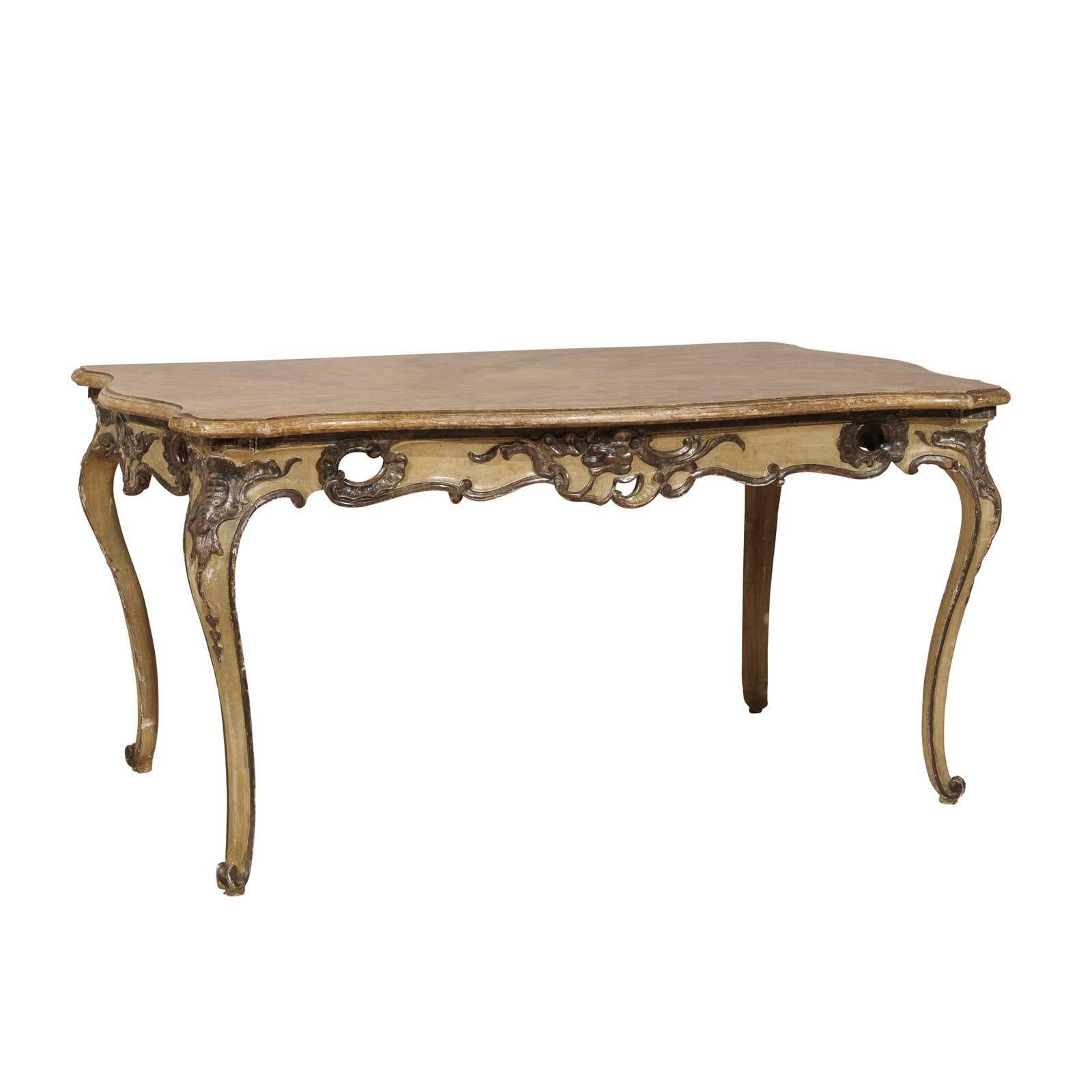Italian Rococo Style Table, Desk With Faux-Marble Top, 19th Century For Sale
