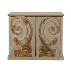 Italian Blue Grey Painted Wood Cabinet with Giltwood Fragments